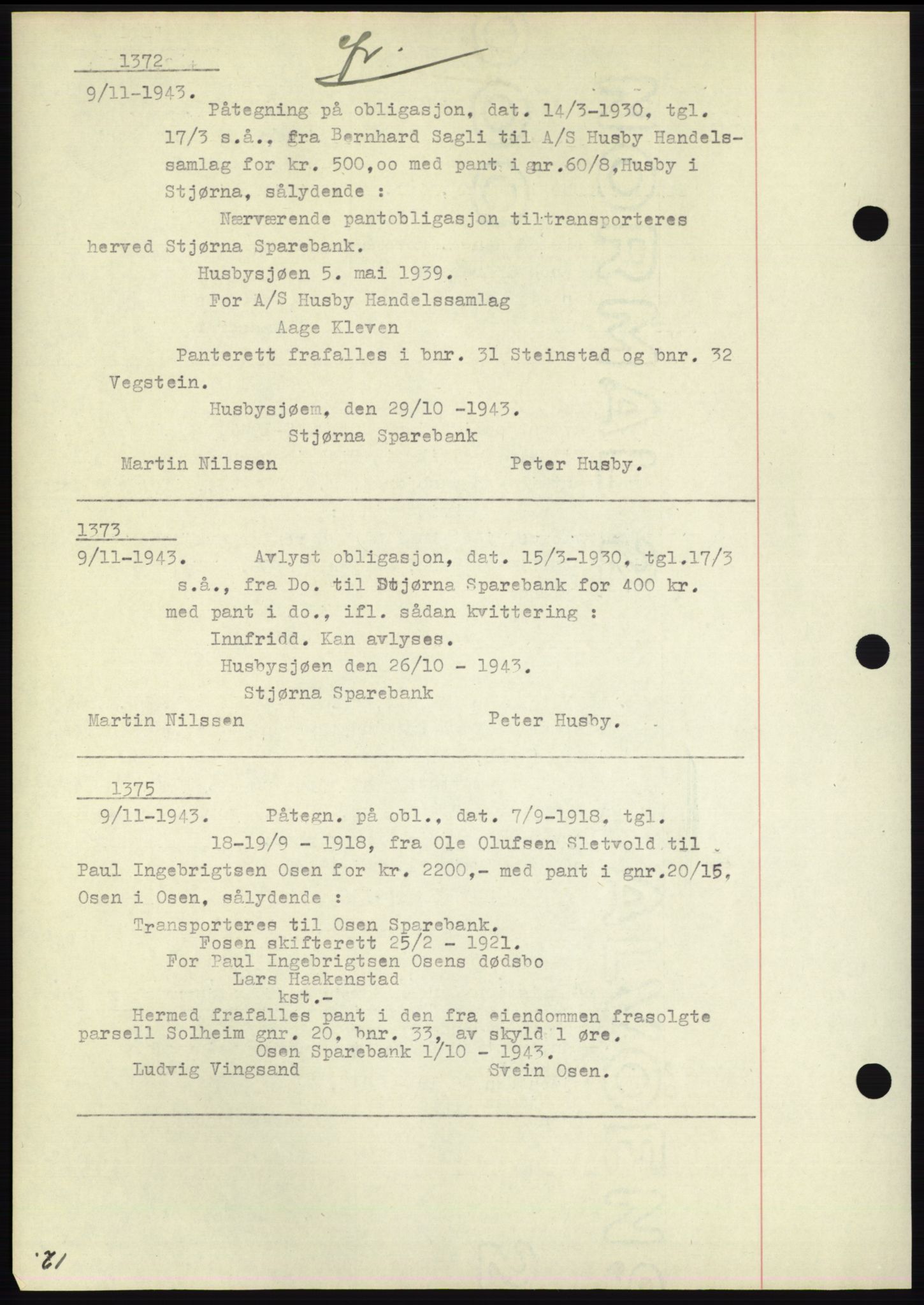 Fosen sorenskriveri, AV/SAT-A-1107/1/2/2C: Mortgage book no. B1, 1943-1946, Diary no: : 1372/1943