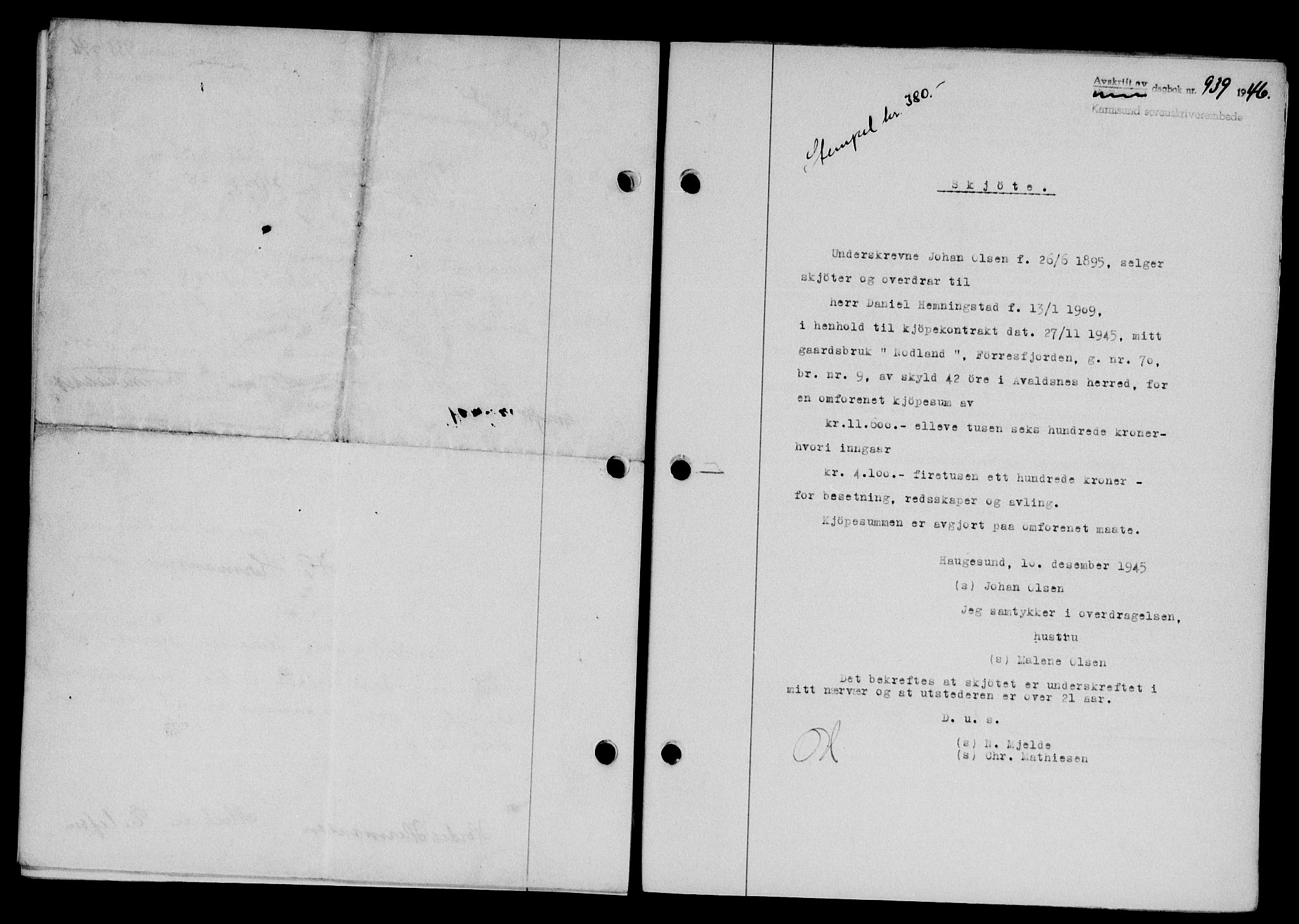 Karmsund sorenskriveri, AV/SAST-A-100311/01/II/IIB/L0085: Mortgage book no. 66A, 1946-1946, Diary no: : 939/1946