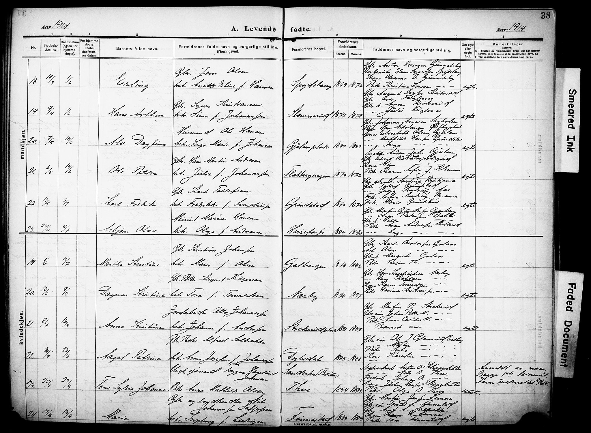 Rakkestad prestekontor Kirkebøker, SAO/A-2008/F/Fa/L0015: Parish register (official) no. I 15, 1909-1922, p. 38