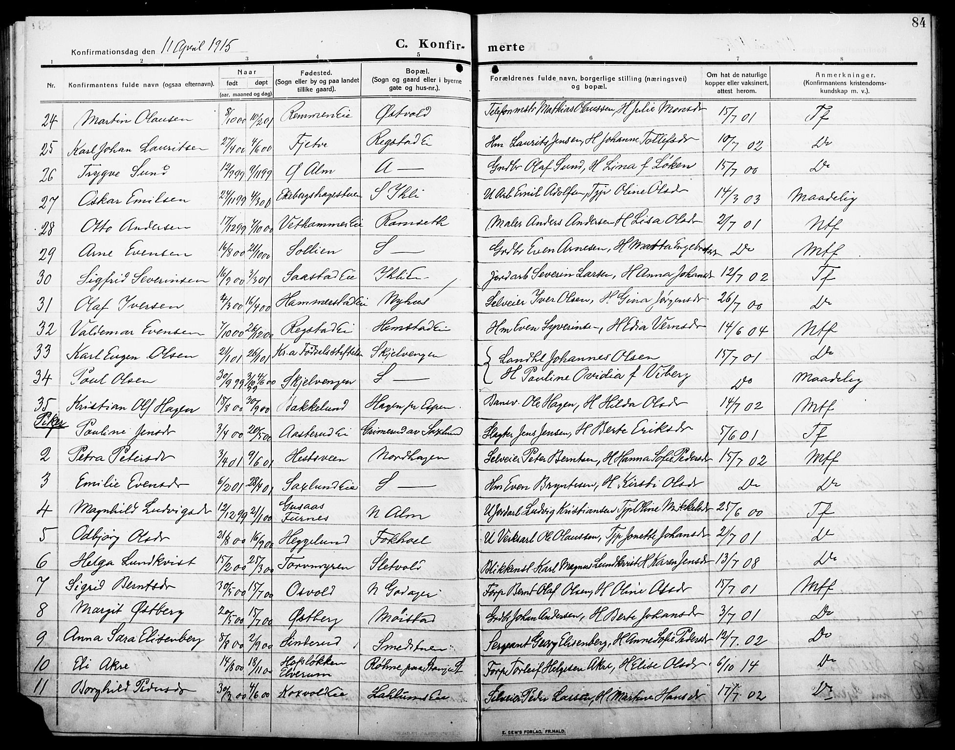 Stange prestekontor, AV/SAH-PREST-002/L/L0014: Parish register (copy) no. 14, 1909-1917, p. 84