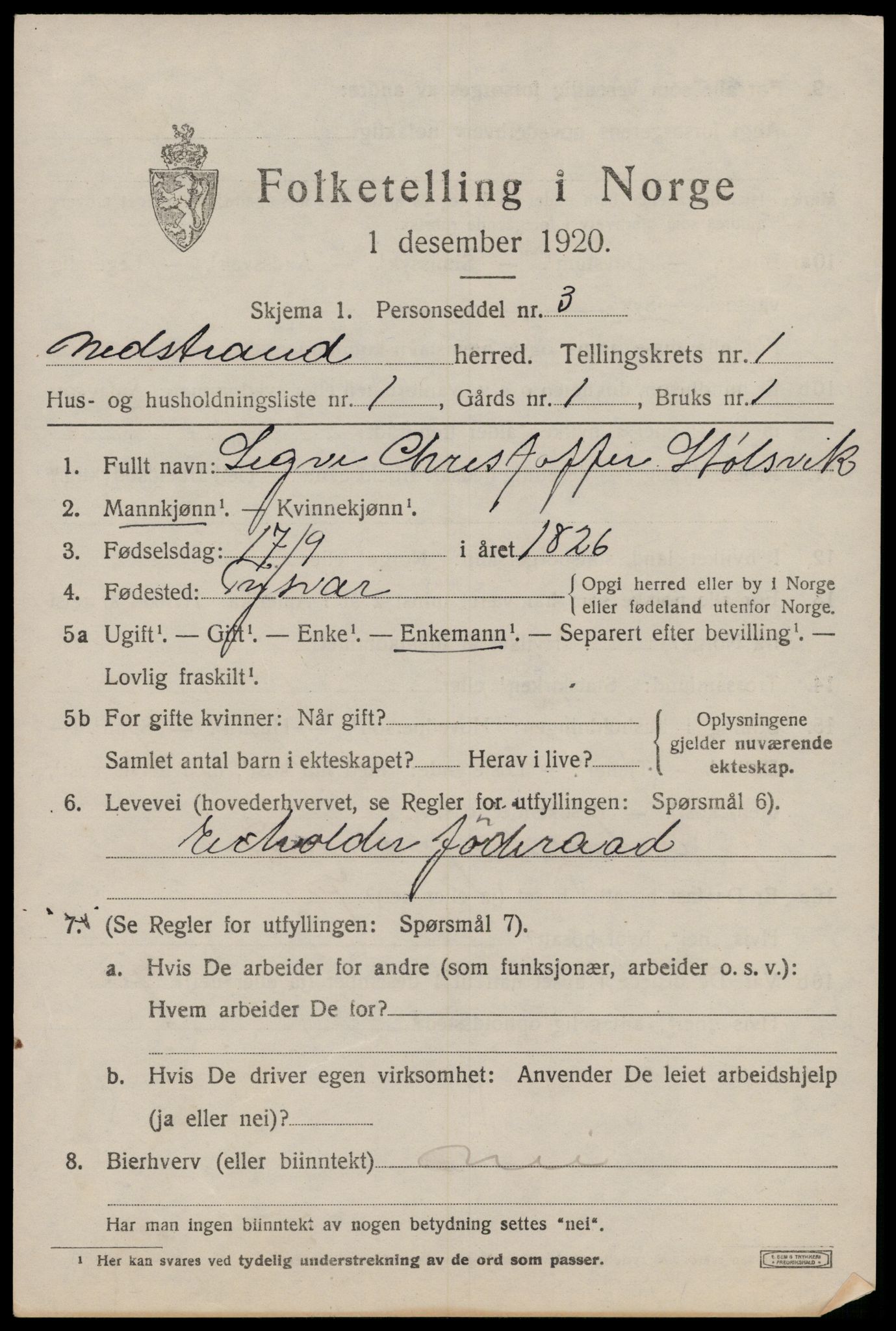 SAST, 1920 census for Nedstrand, 1920, p. 613