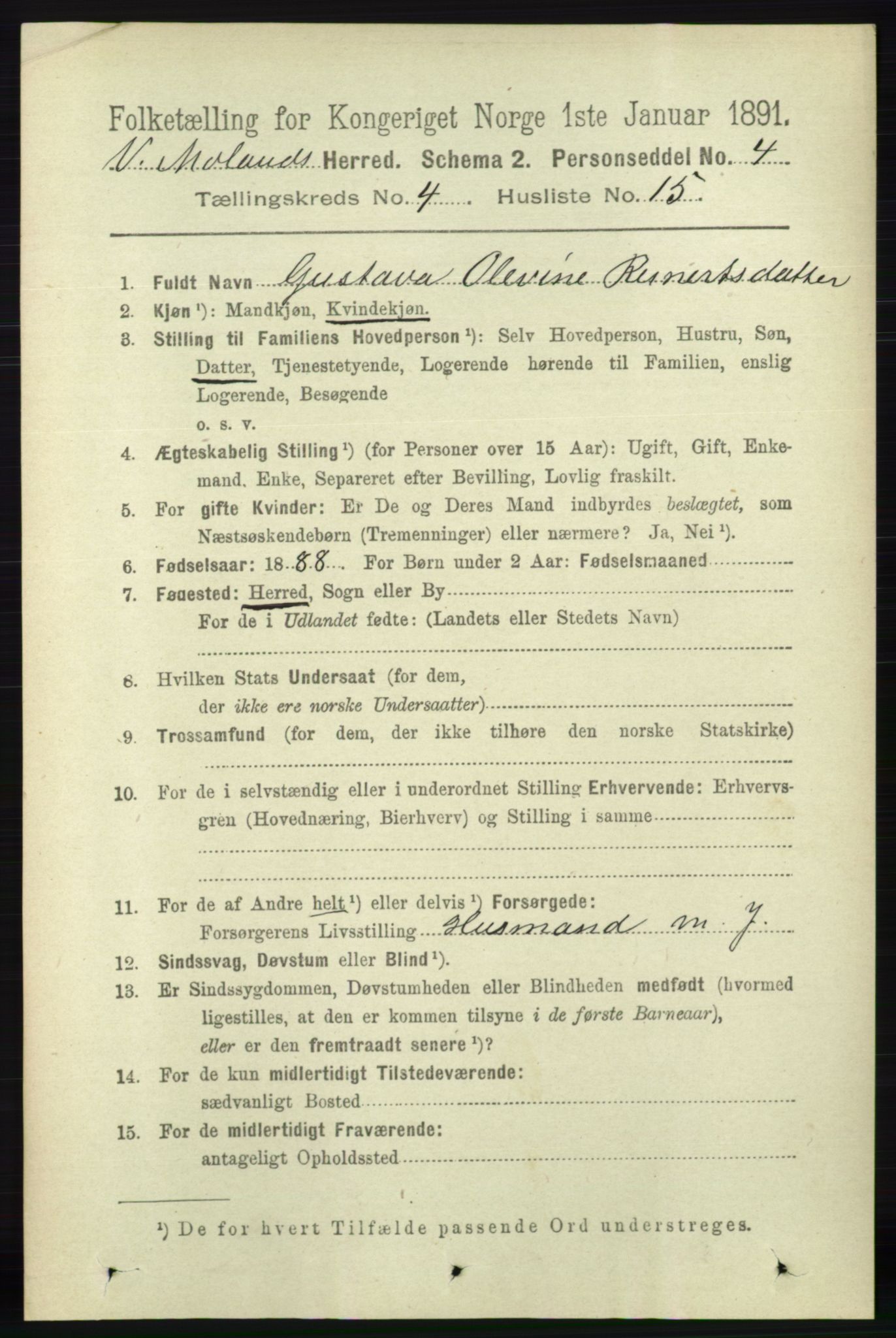 RA, 1891 census for 0926 Vestre Moland, 1891, p. 1320