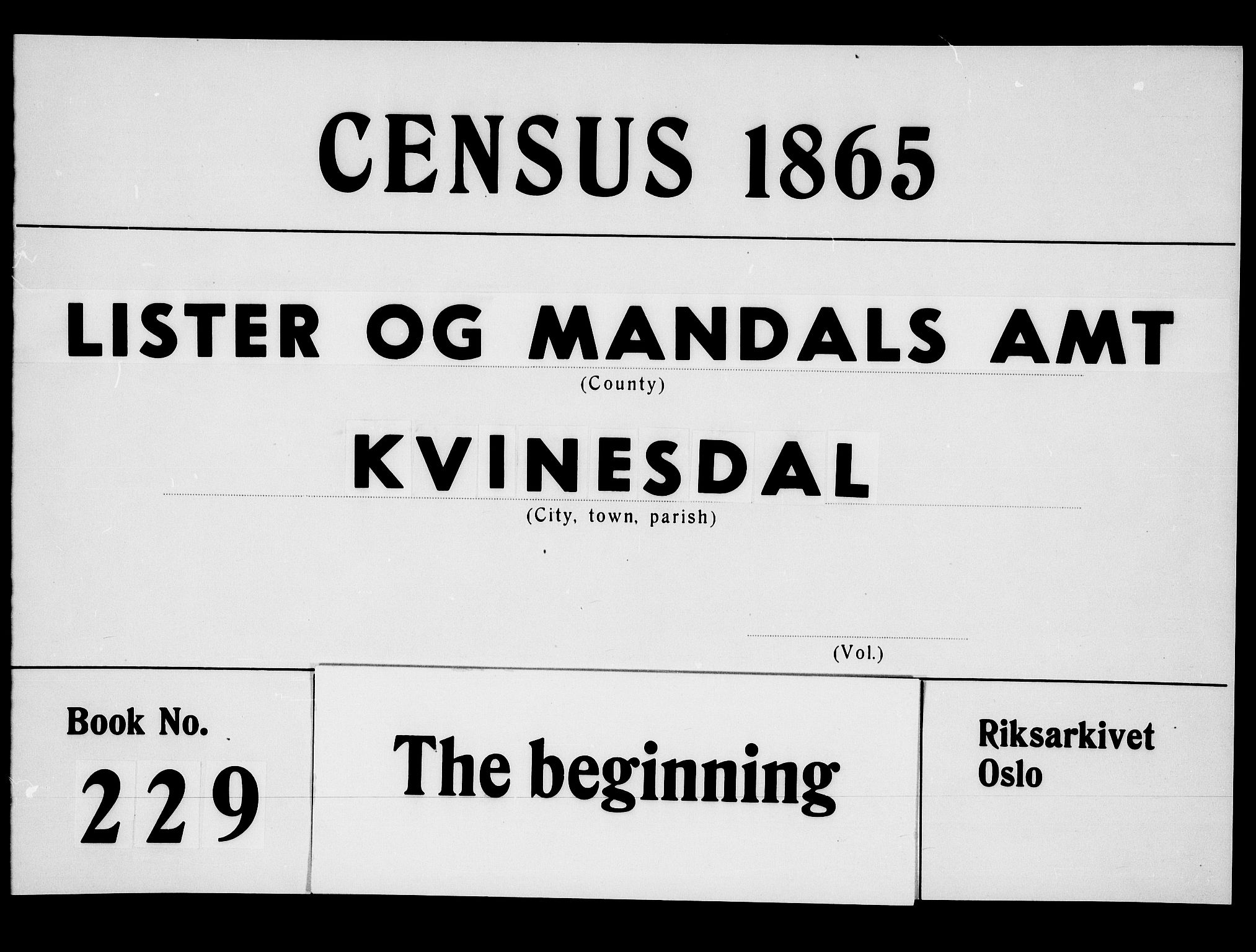 RA, 1865 census for Kvinesdal, 1865, p. 1