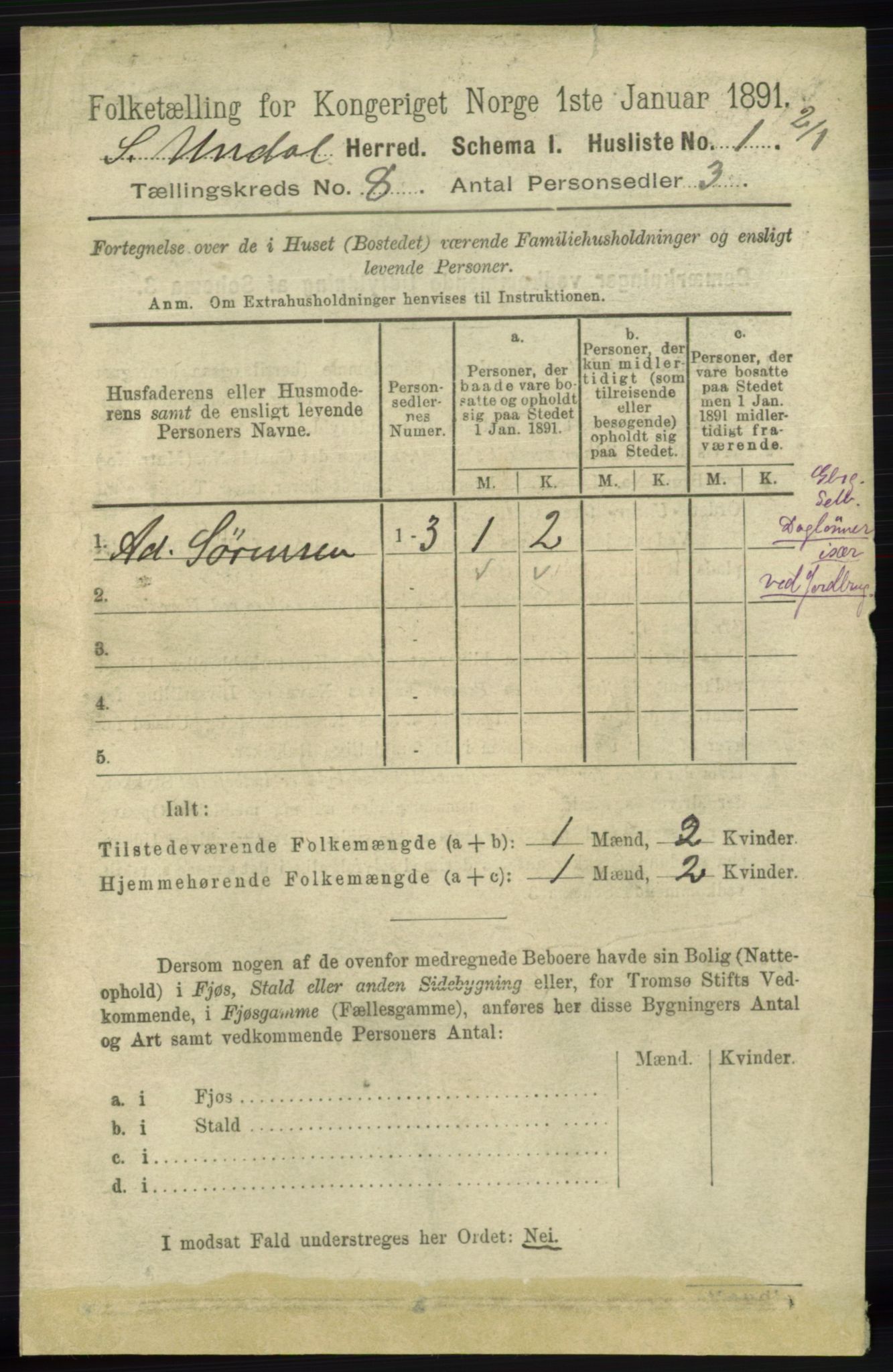 RA, 1891 census for 1029 Sør-Audnedal, 1891, p. 2969