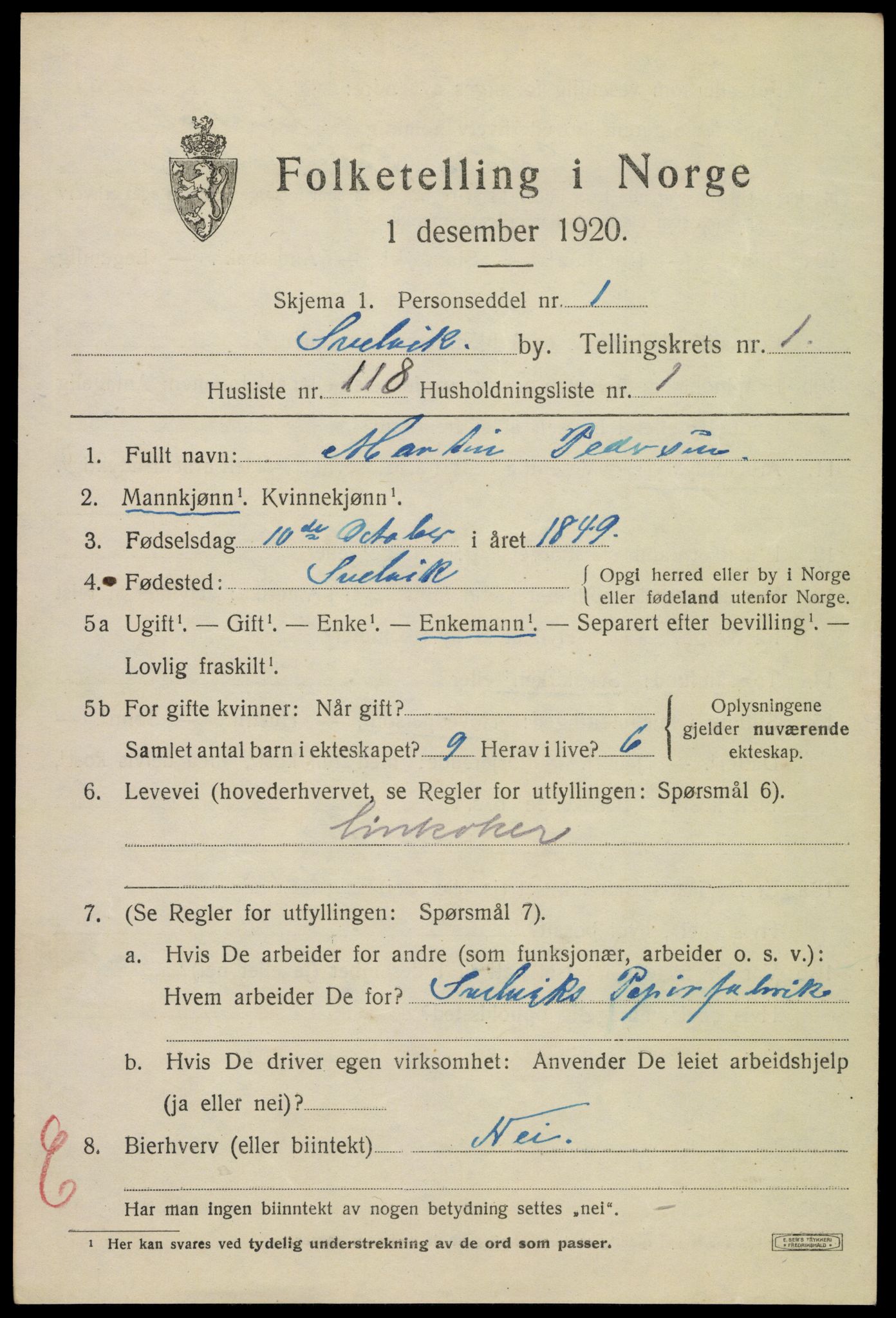 SAKO, 1920 census for Svelvik, 1920, p. 3581