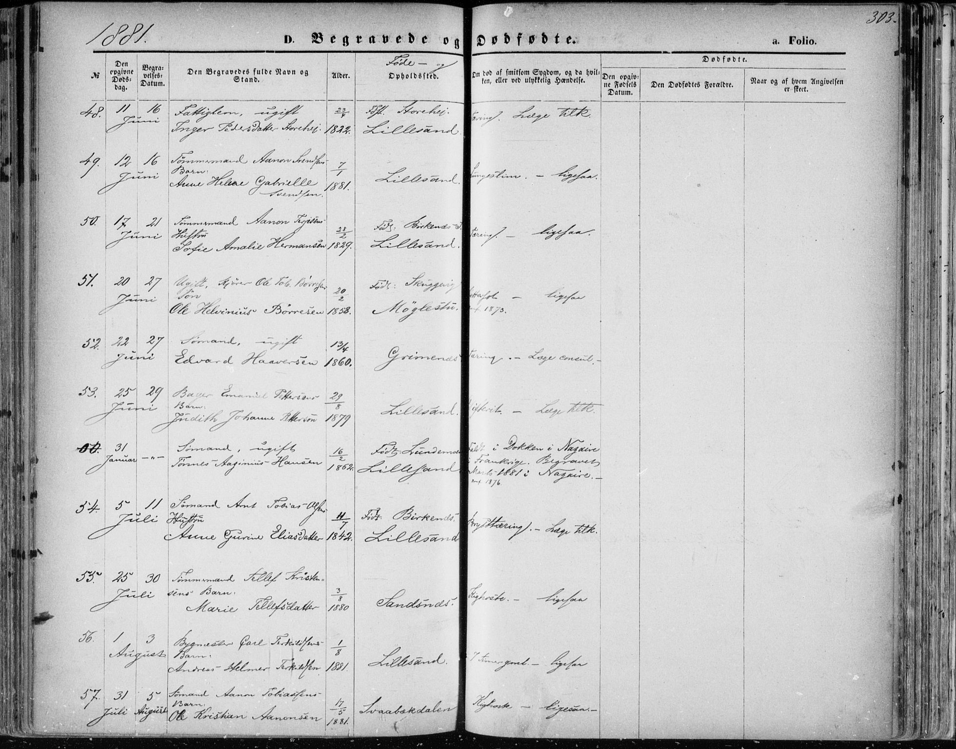 Vestre Moland sokneprestkontor, AV/SAK-1111-0046/F/Fa/Fab/L0008: Parish register (official) no. A 8, 1873-1883, p. 303