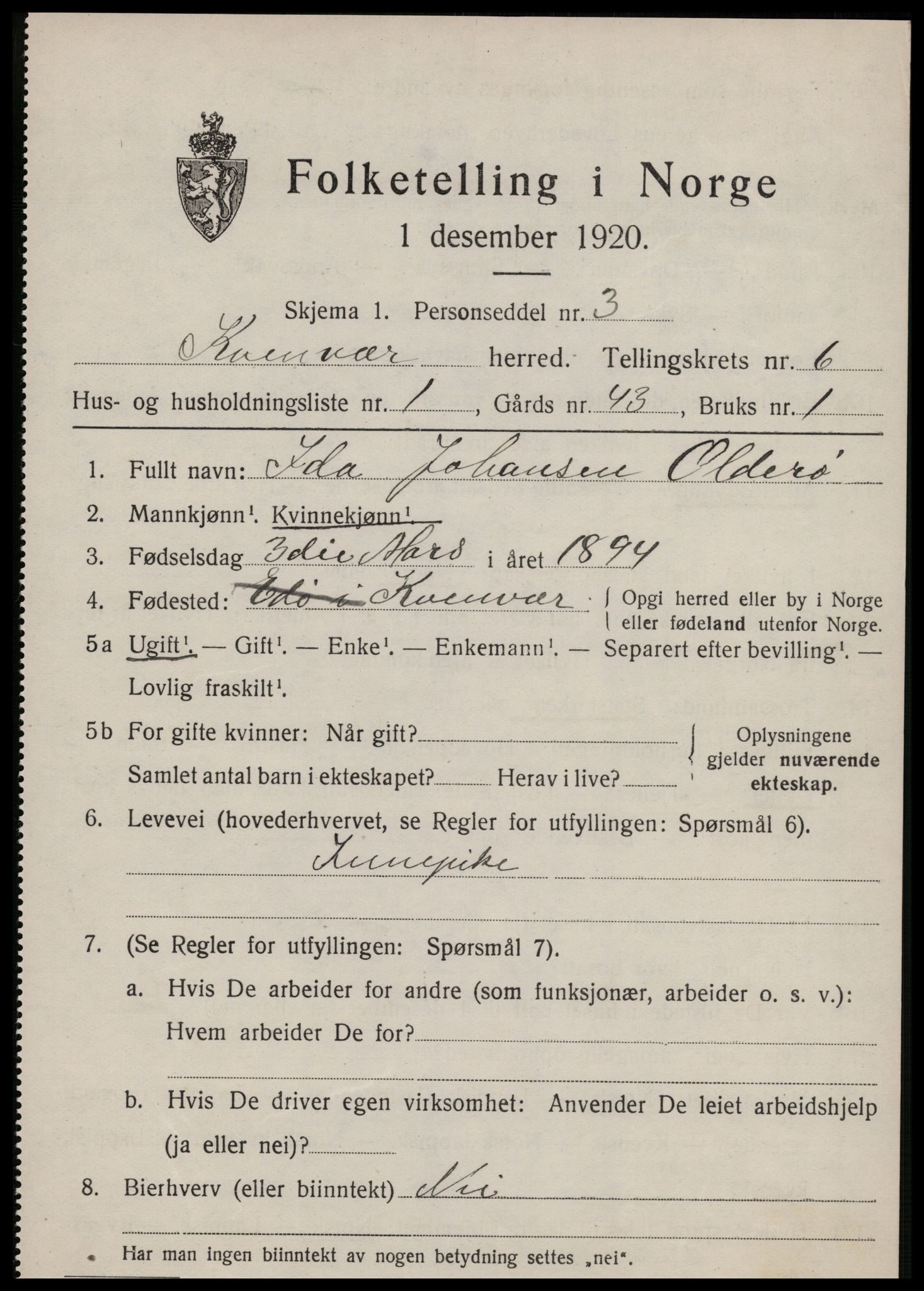 SAT, 1920 census for Kvenvær, 1920, p. 2108