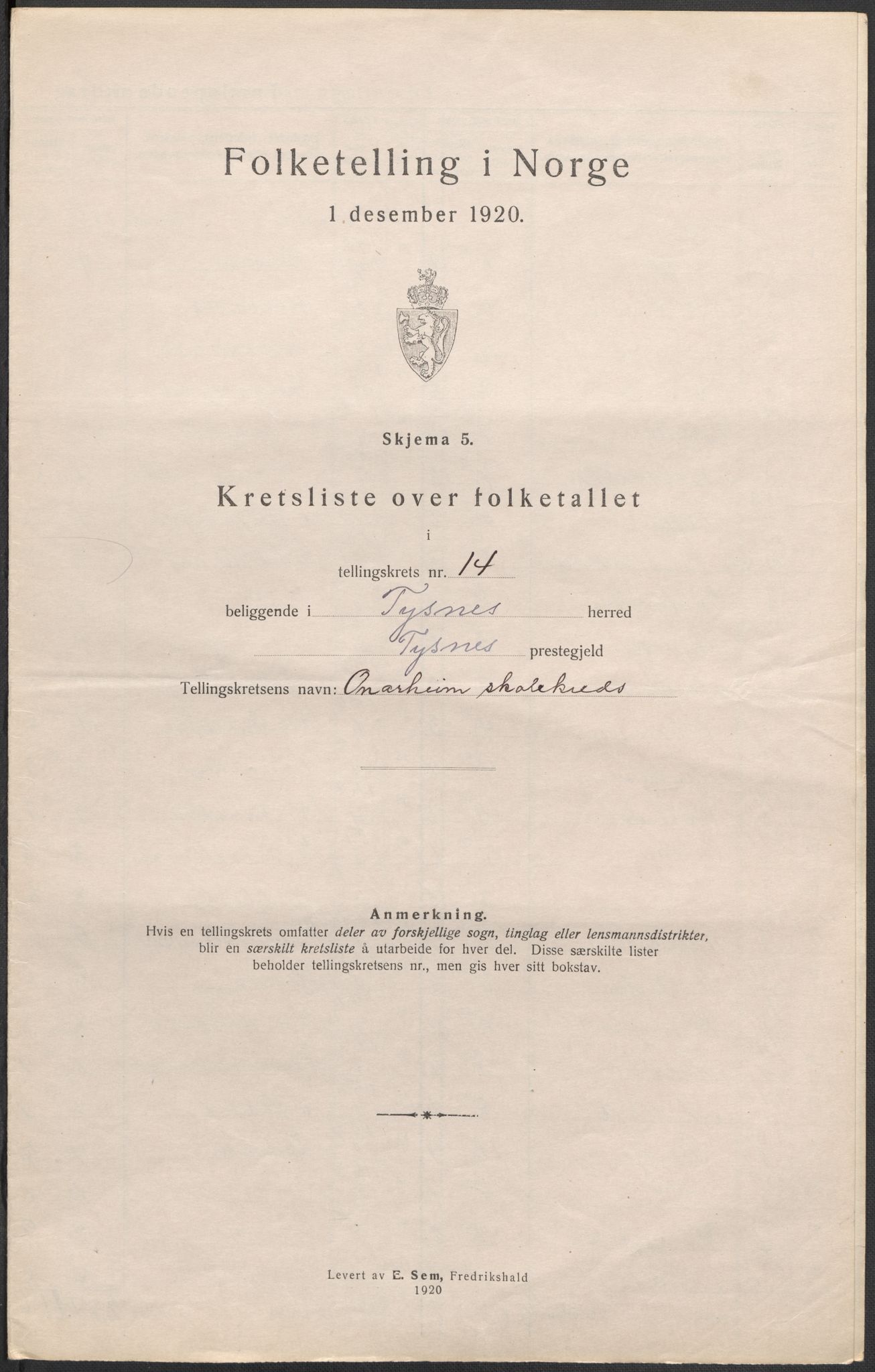 SAB, 1920 census for Tysnes, 1920, p. 44