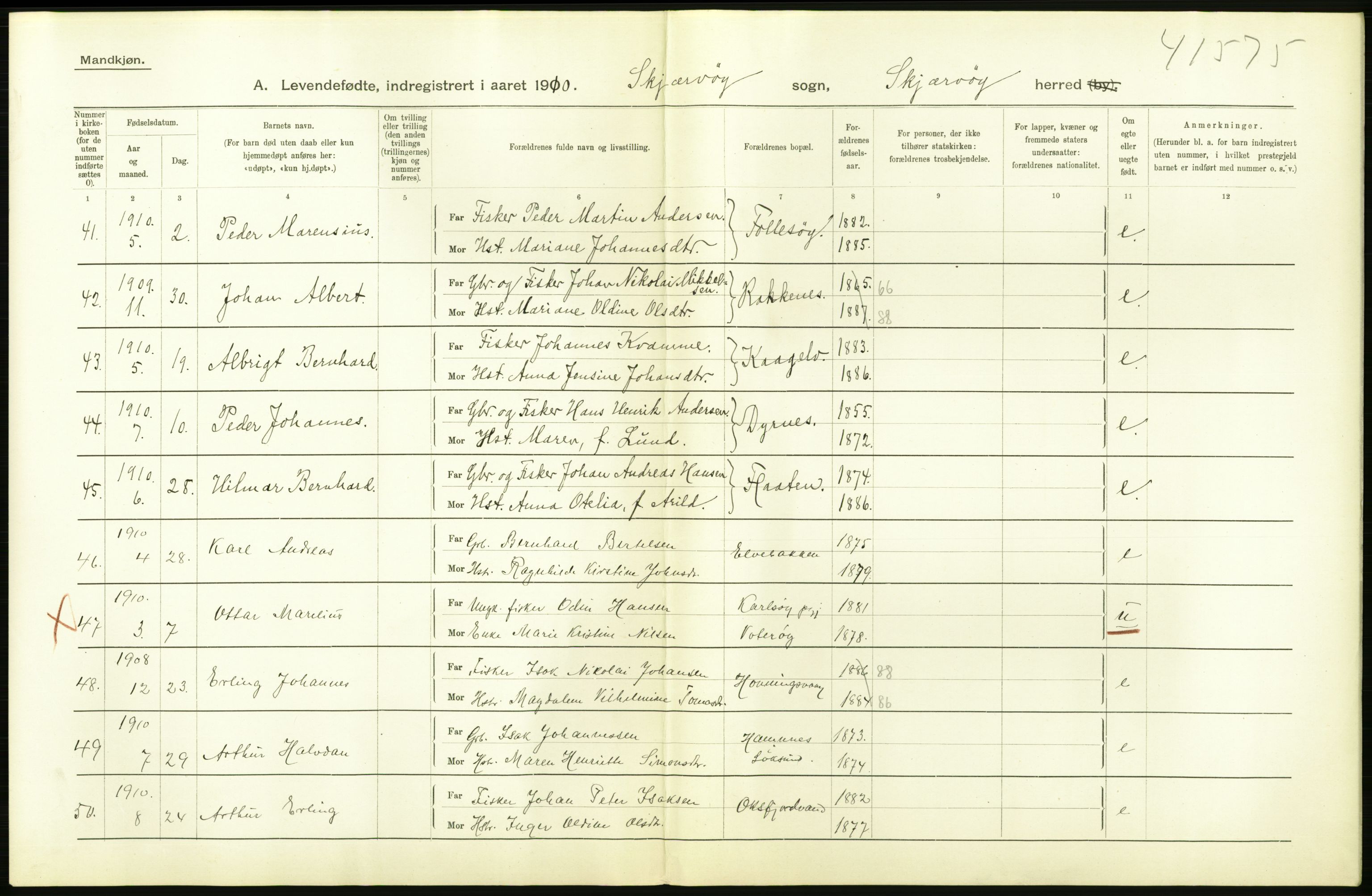 Statistisk sentralbyrå, Sosiodemografiske emner, Befolkning, AV/RA-S-2228/D/Df/Dfa/Dfah/L0043: Tromsø amt: Levendefødte menn og kvinner. Bygder og byer., 1910, p. 44