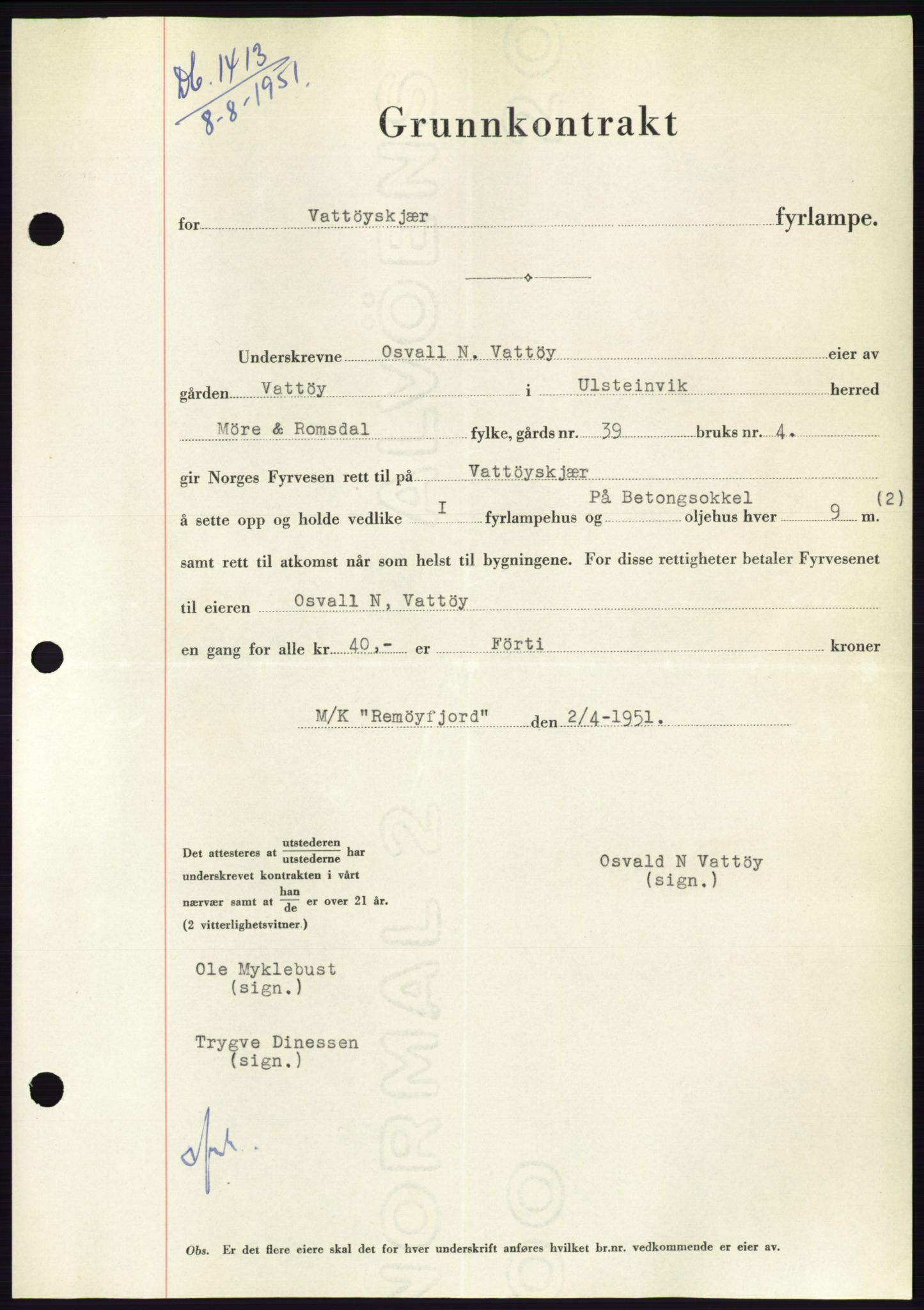 Søre Sunnmøre sorenskriveri, AV/SAT-A-4122/1/2/2C/L0089: Mortgage book no. 15A, 1951-1951, Diary no: : 1413/1951