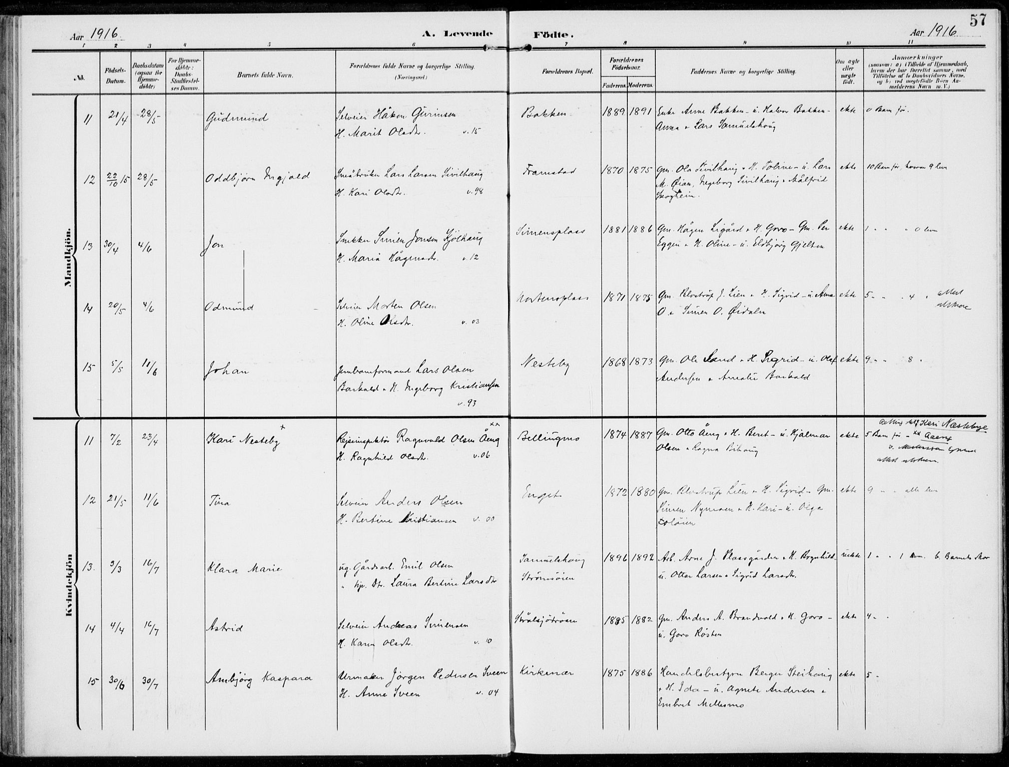 Alvdal prestekontor, AV/SAH-PREST-060/H/Ha/Haa/L0004: Parish register (official) no. 4, 1907-1919, p. 57