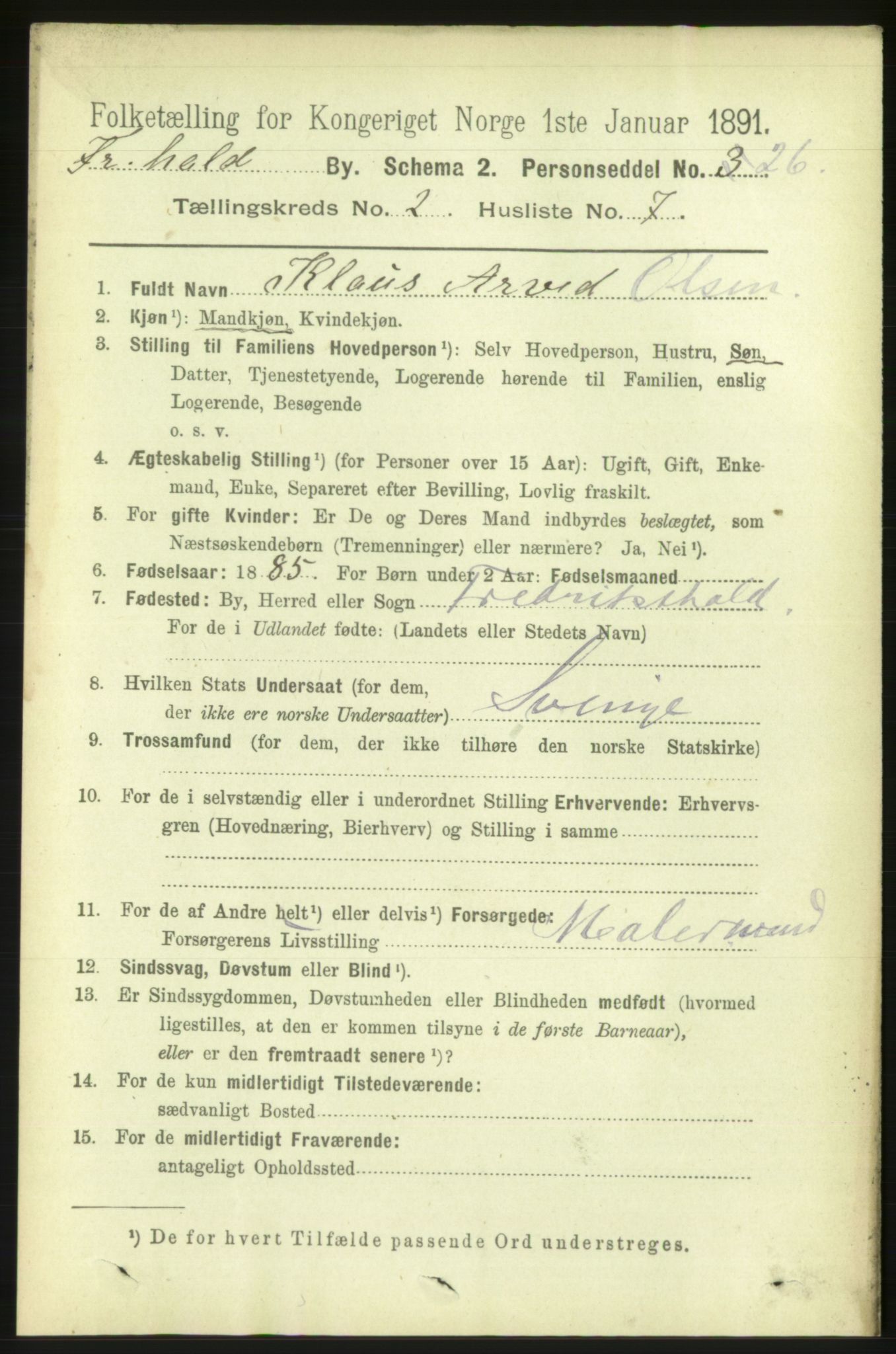 RA, 1891 census for 0101 Fredrikshald, 1891, p. 2752