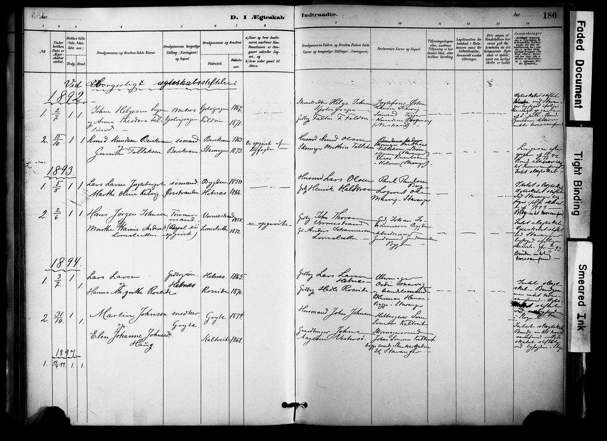 Jelsa sokneprestkontor, SAST/A-101842/01/IV: Parish register (official) no. A 10, 1884-1906, p. 186