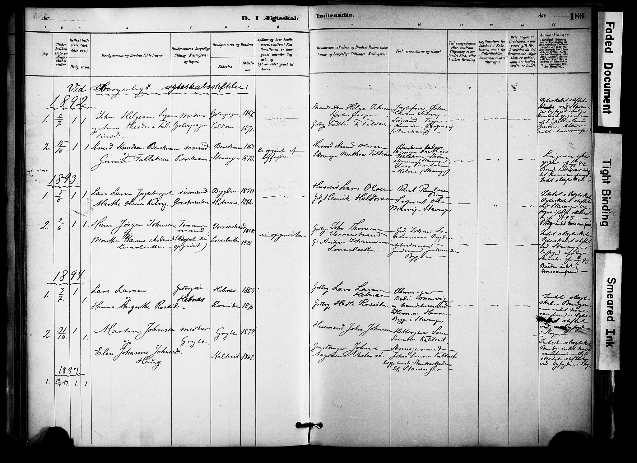 Jelsa sokneprestkontor, AV/SAST-A-101842/01/IV: Parish register (official) no. A 10, 1884-1906, p. 186