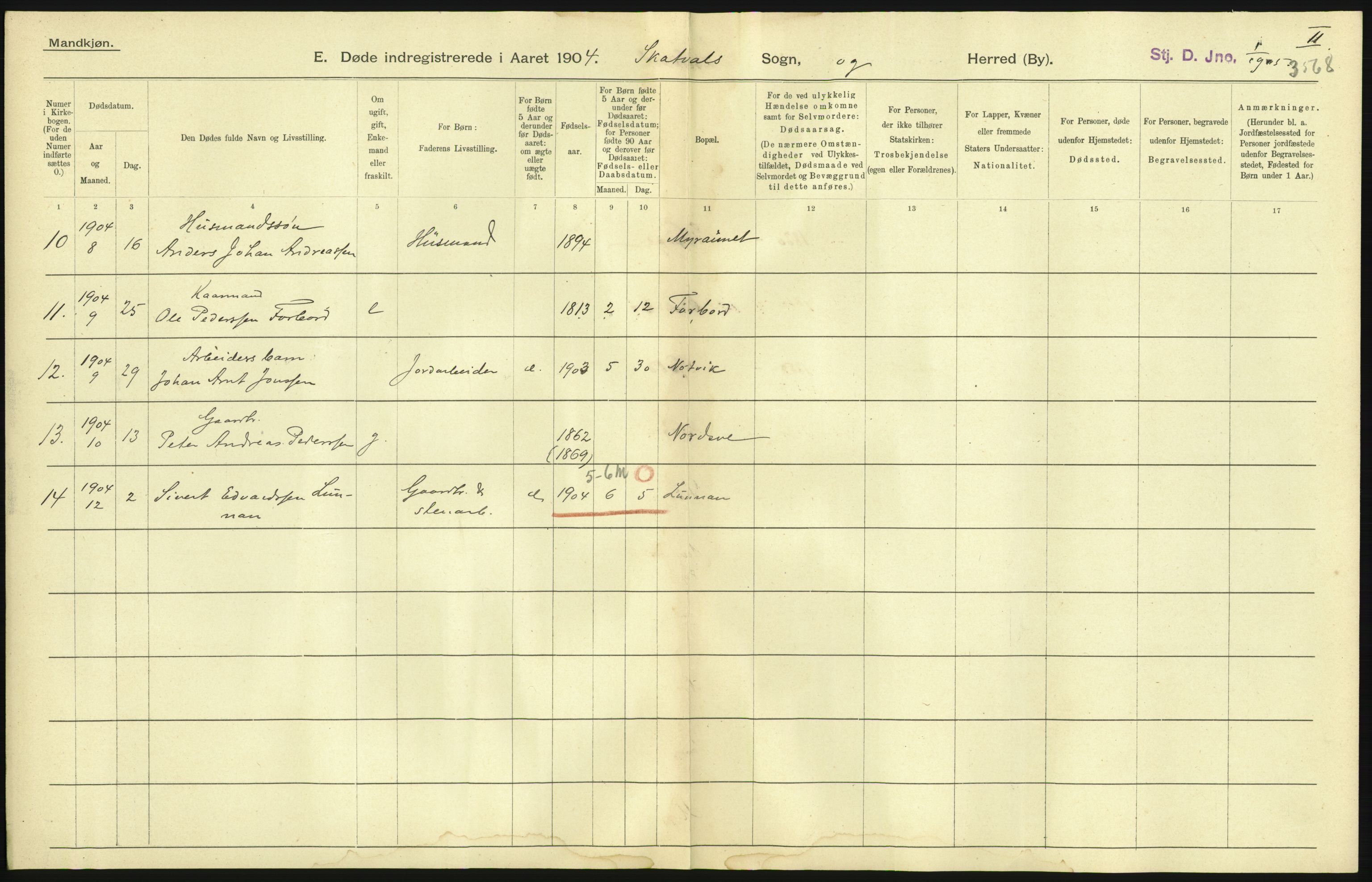 Statistisk sentralbyrå, Sosiodemografiske emner, Befolkning, AV/RA-S-2228/D/Df/Dfa/Dfab/L0019: Nordre Trondhjems amt: Fødte, gifte, døde, 1904, p. 457