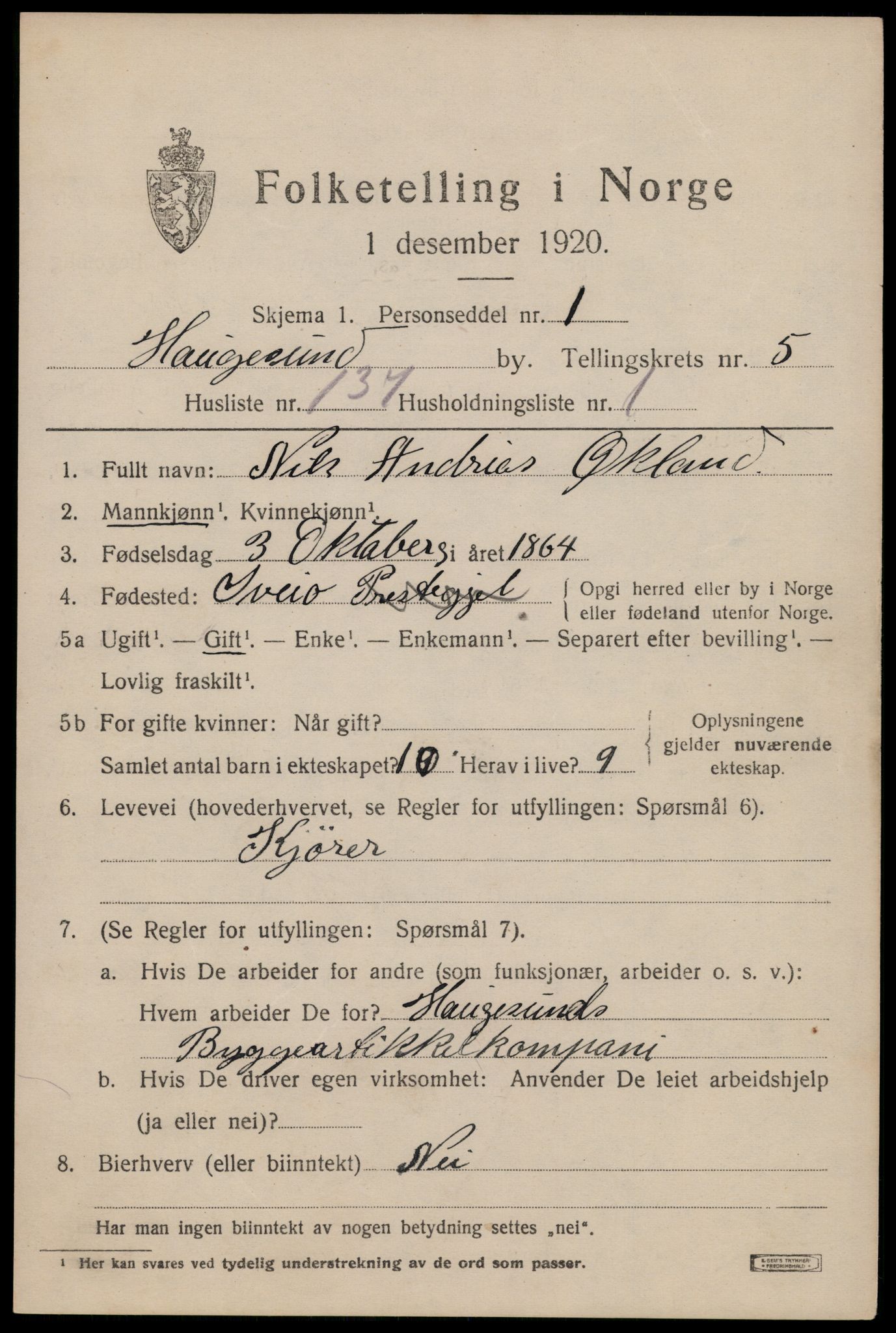 SAST, 1920 census for Haugesund, 1920, p. 20673