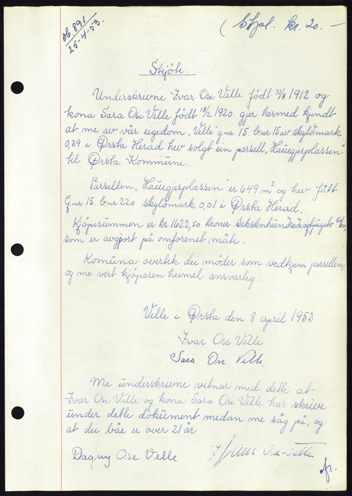 Søre Sunnmøre sorenskriveri, AV/SAT-A-4122/1/2/2C/L0094: Mortgage book no. 20A, 1953-1953, Diary no: : 891/1953