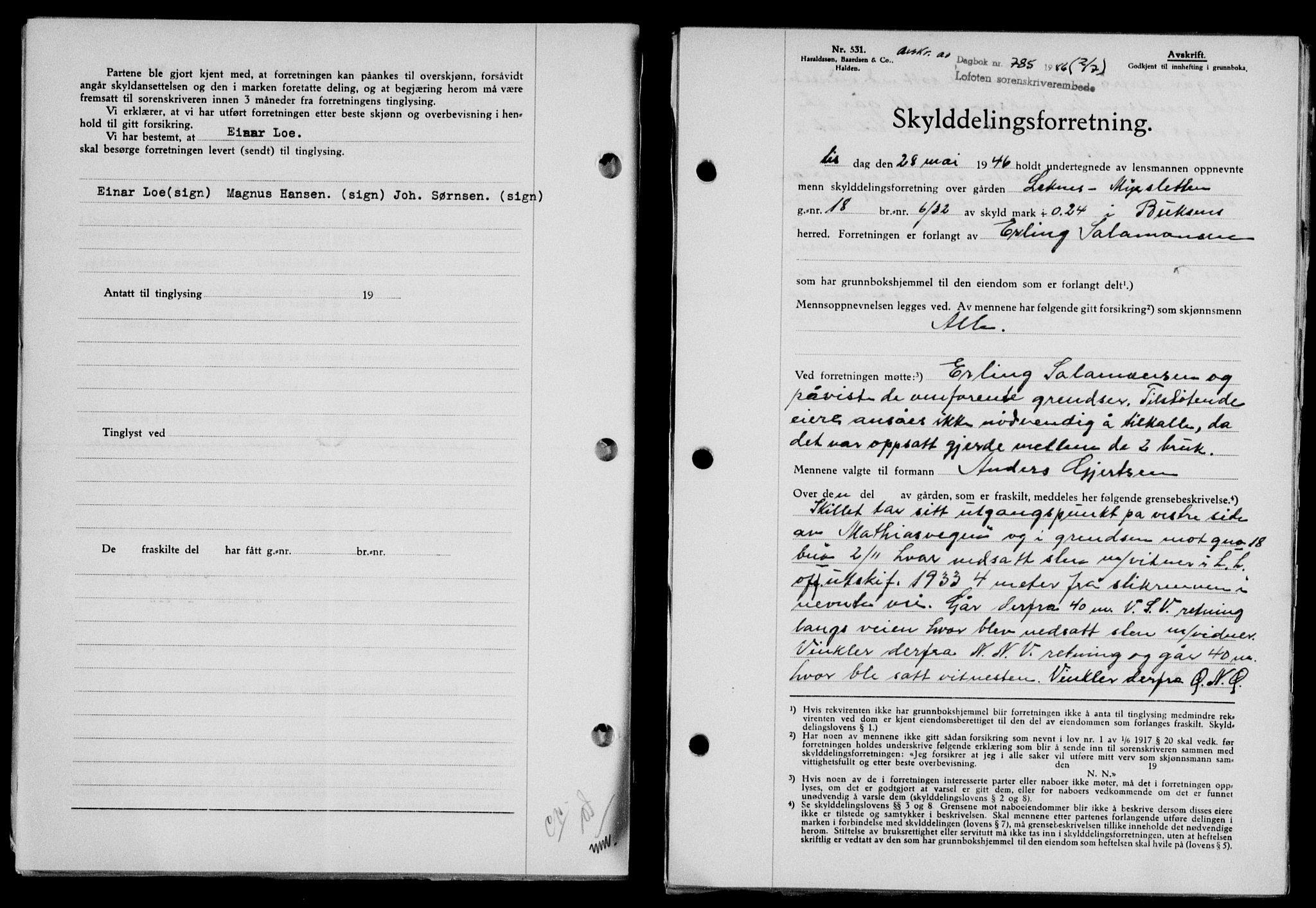 Lofoten sorenskriveri, SAT/A-0017/1/2/2C/L0014a: Mortgage book no. 14a, 1946-1946, Diary no: : 785/1946