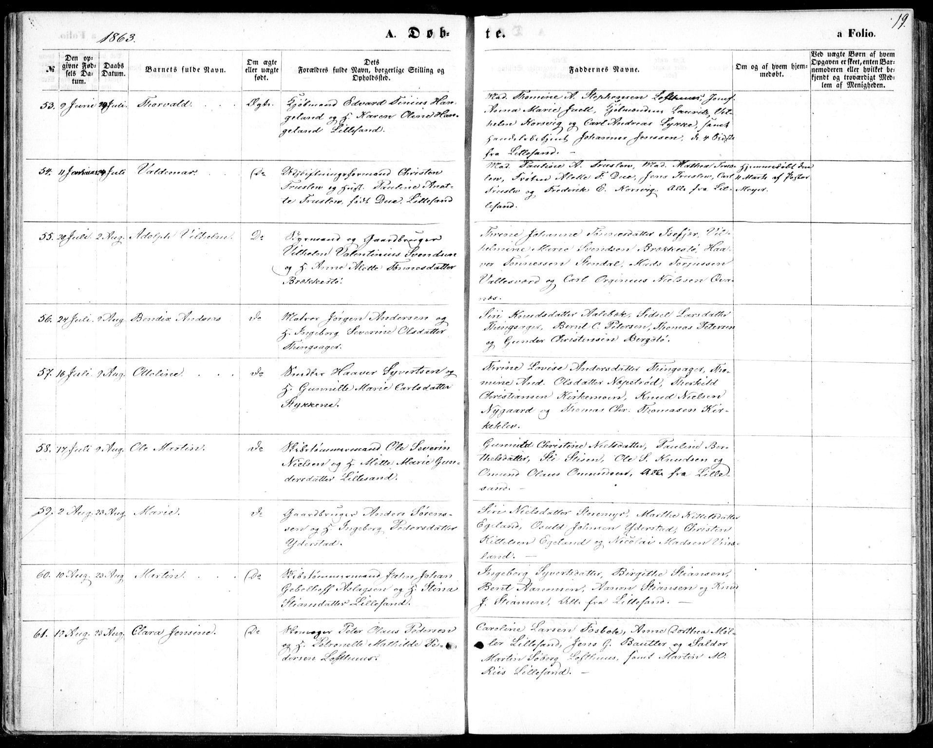 Vestre Moland sokneprestkontor, AV/SAK-1111-0046/F/Fb/Fbb/L0004: Parish register (copy) no. B 4, 1861-1872, p. 19