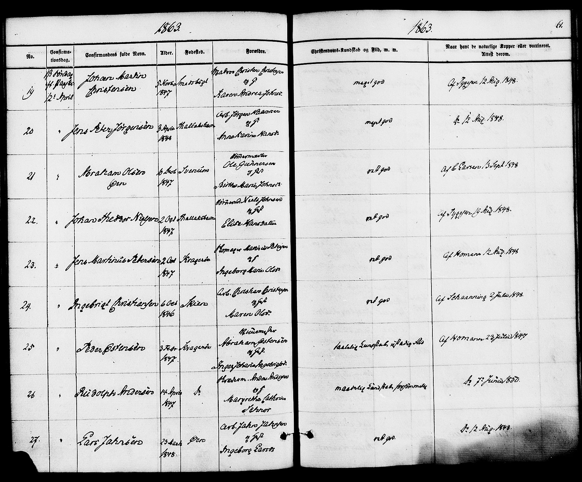 Kragerø kirkebøker, AV/SAKO-A-278/F/Fa/L0008: Parish register (official) no. 8, 1856-1880, p. 61