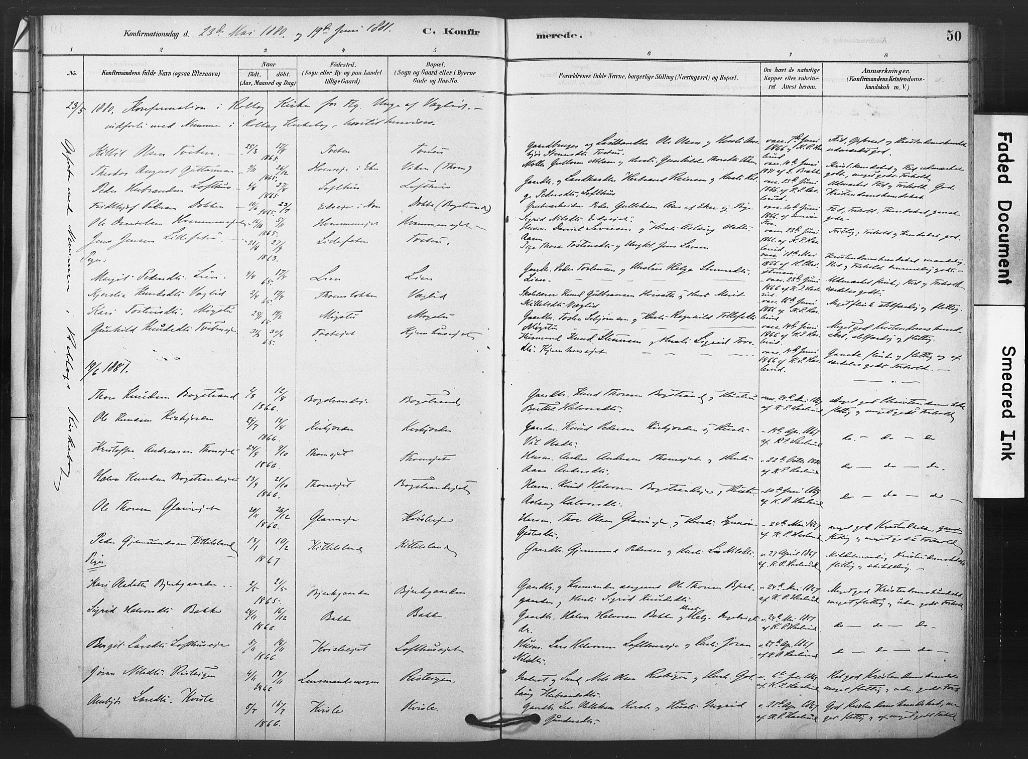 Rollag kirkebøker, SAKO/A-240/F/Fb/L0001: Parish register (official) no. II 1, 1878-1899, p. 50