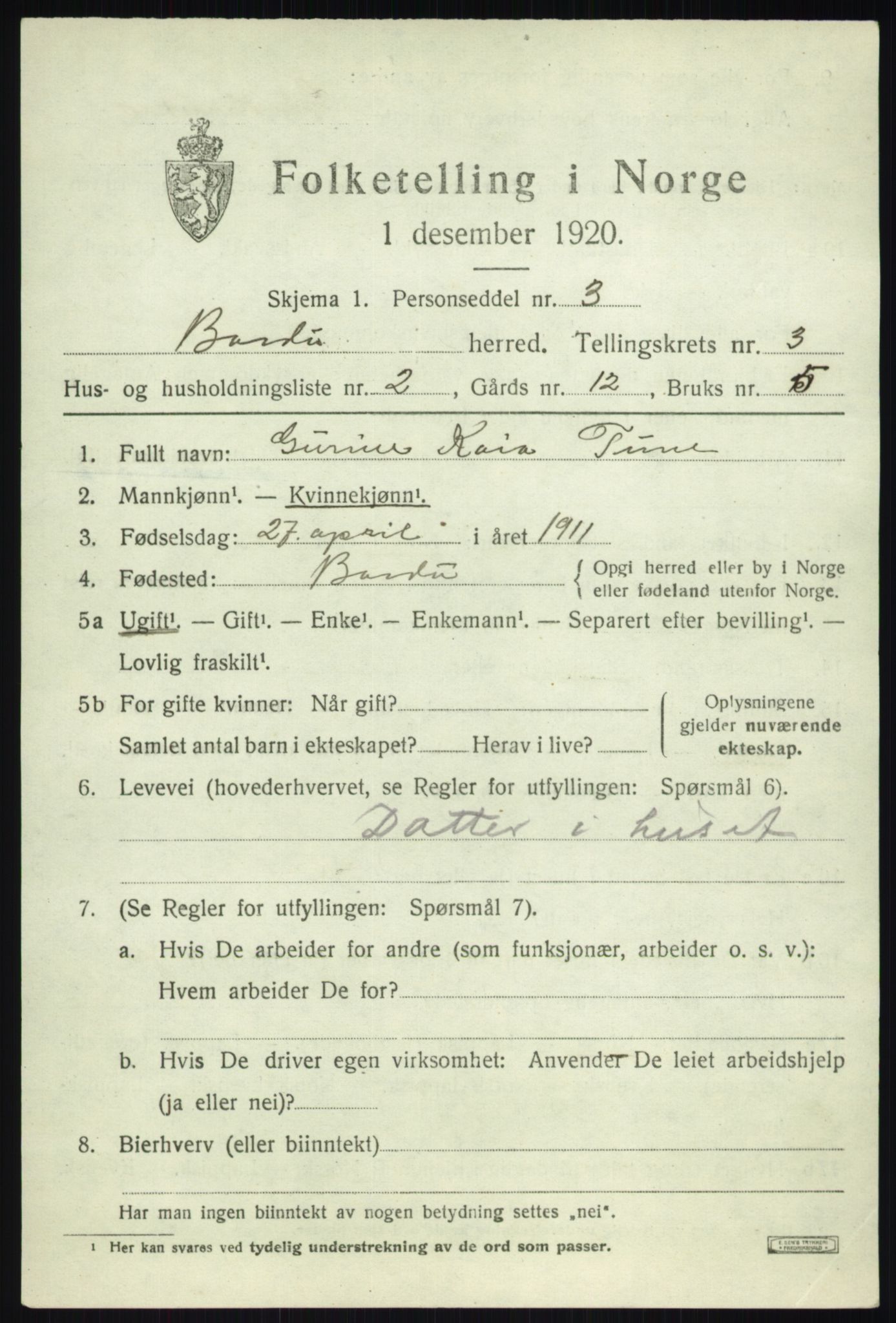 SATØ, 1920 census for Bardu, 1920, p. 1181