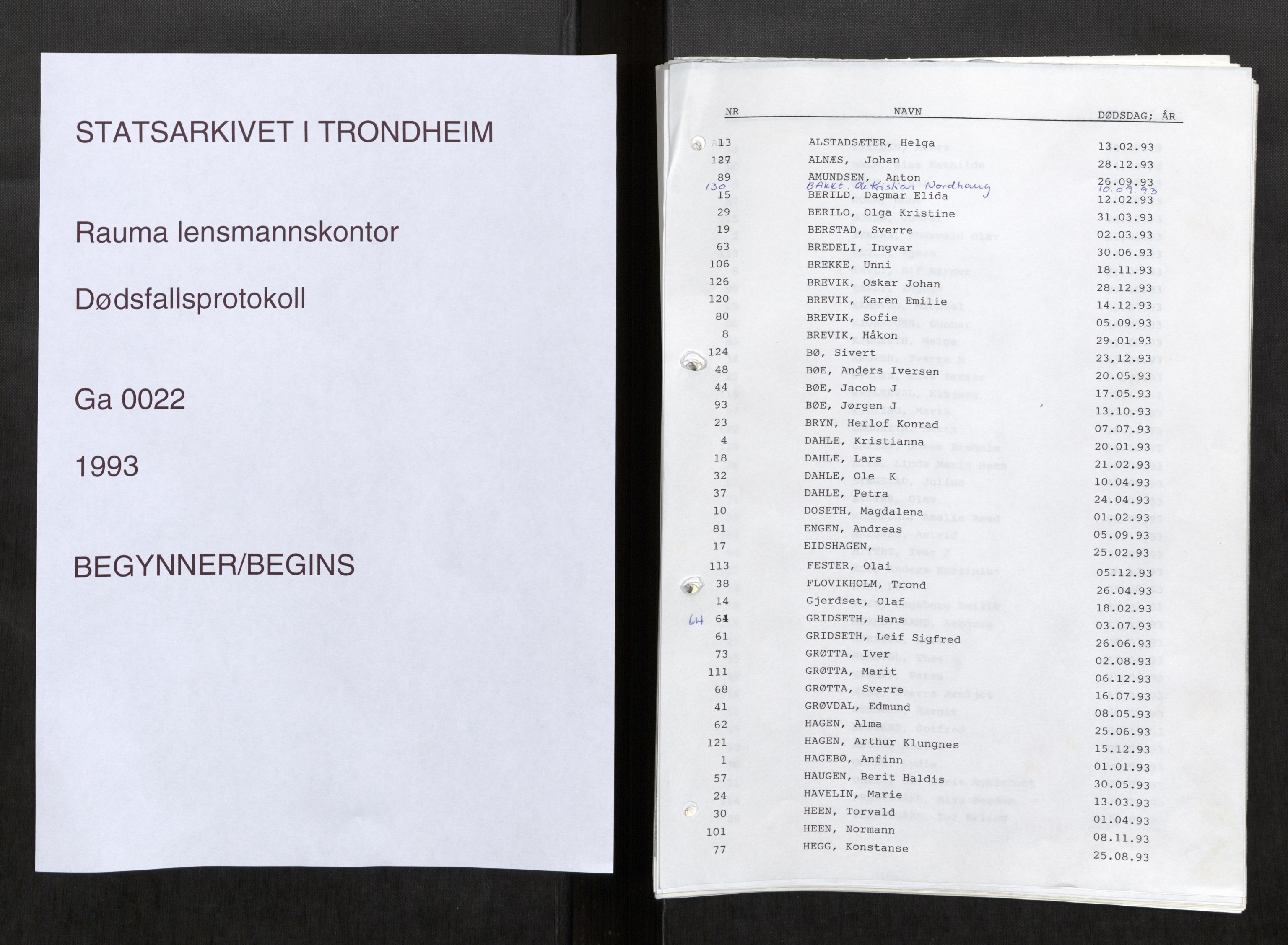 Rauma lensmannskontor, SAT/A-5660/2/Ga/L0022: Dødsfallsprotokoll, 1993