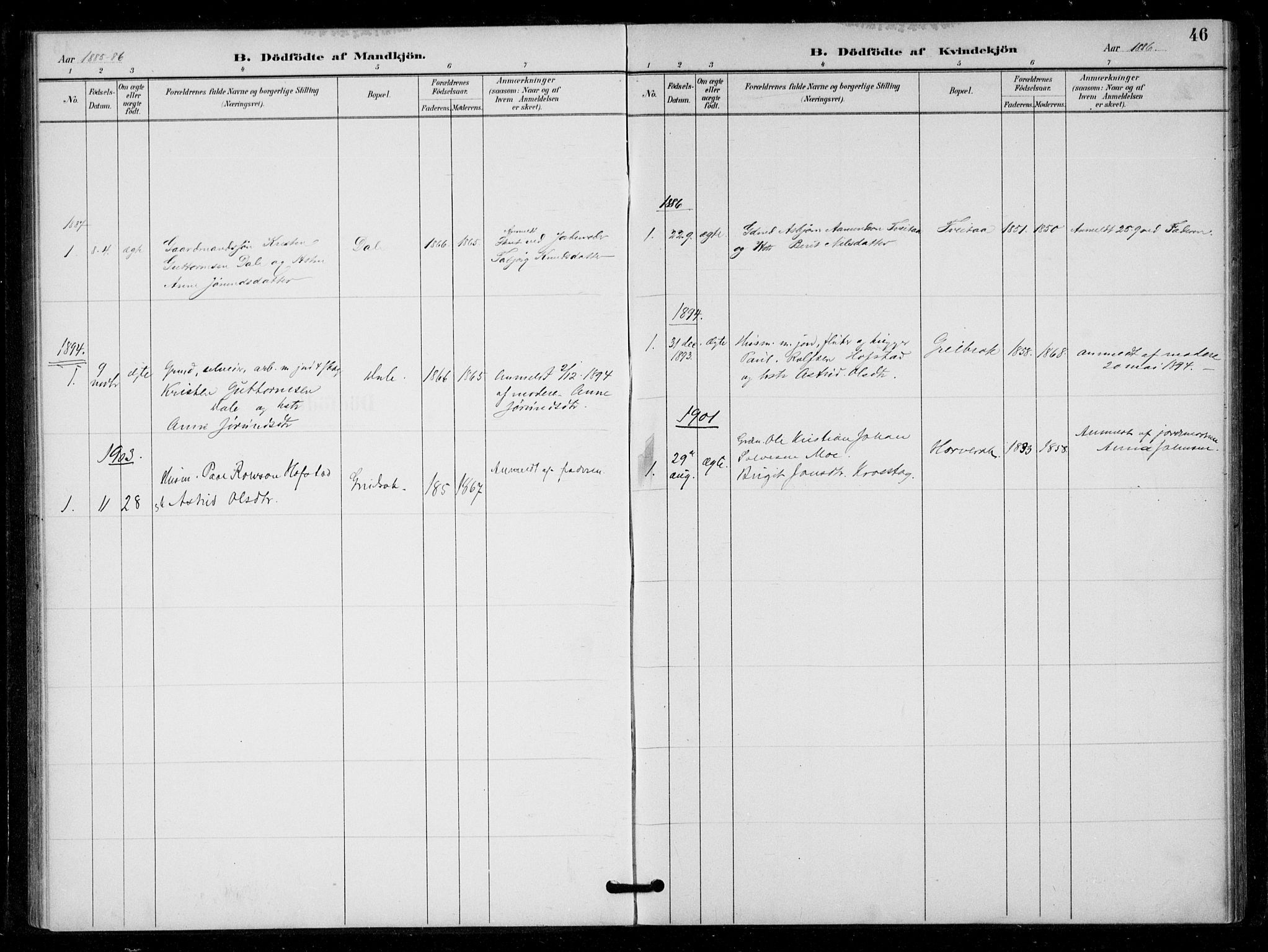 Bygland sokneprestkontor, SAK/1111-0006/F/Fa/Fad/L0001: Parish register (official) no. A 1, 1885-1906, p. 46