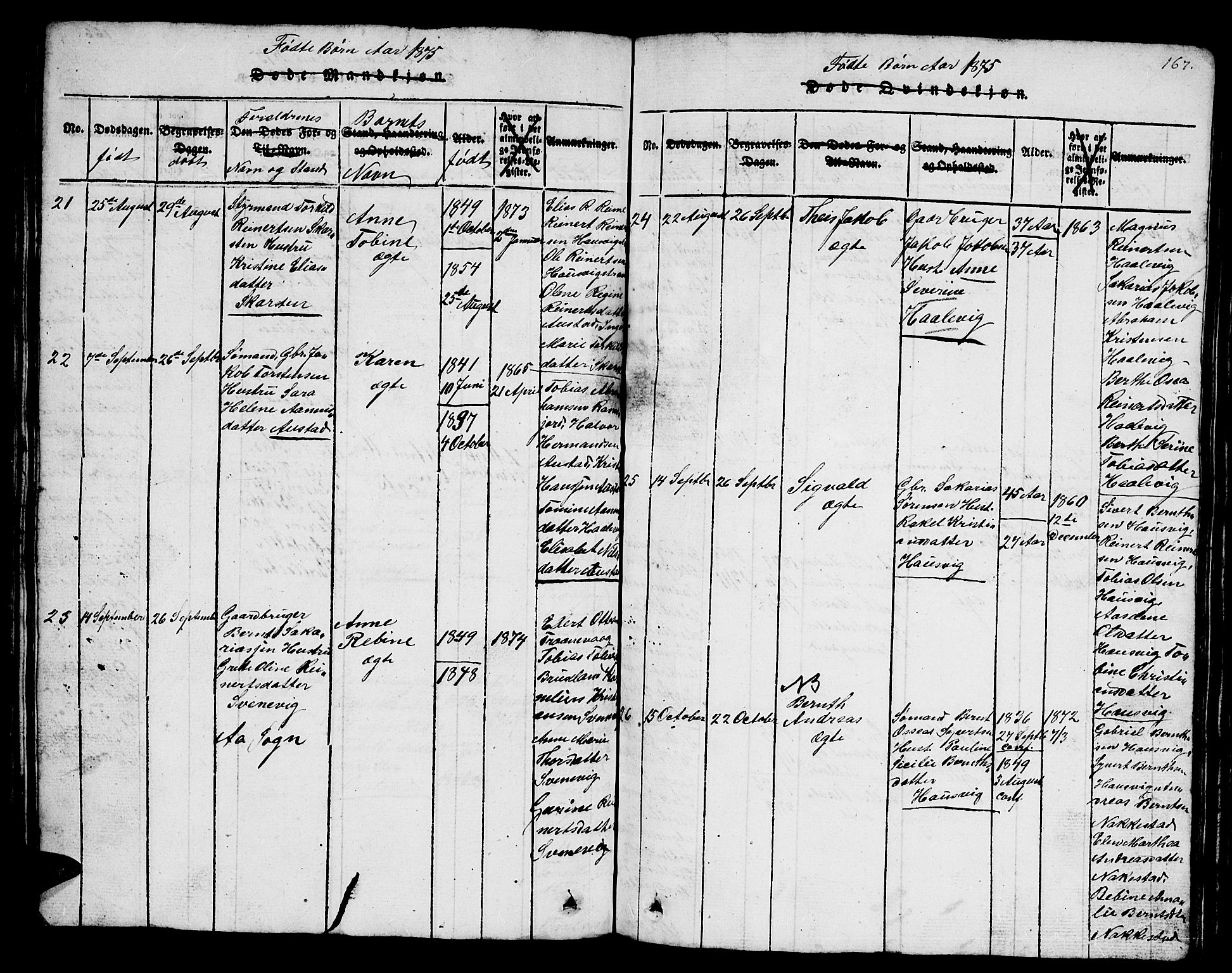 Lyngdal sokneprestkontor, AV/SAK-1111-0029/F/Fb/Fba/L0001: Parish register (copy) no. B 1, 1816-1876, p. 167