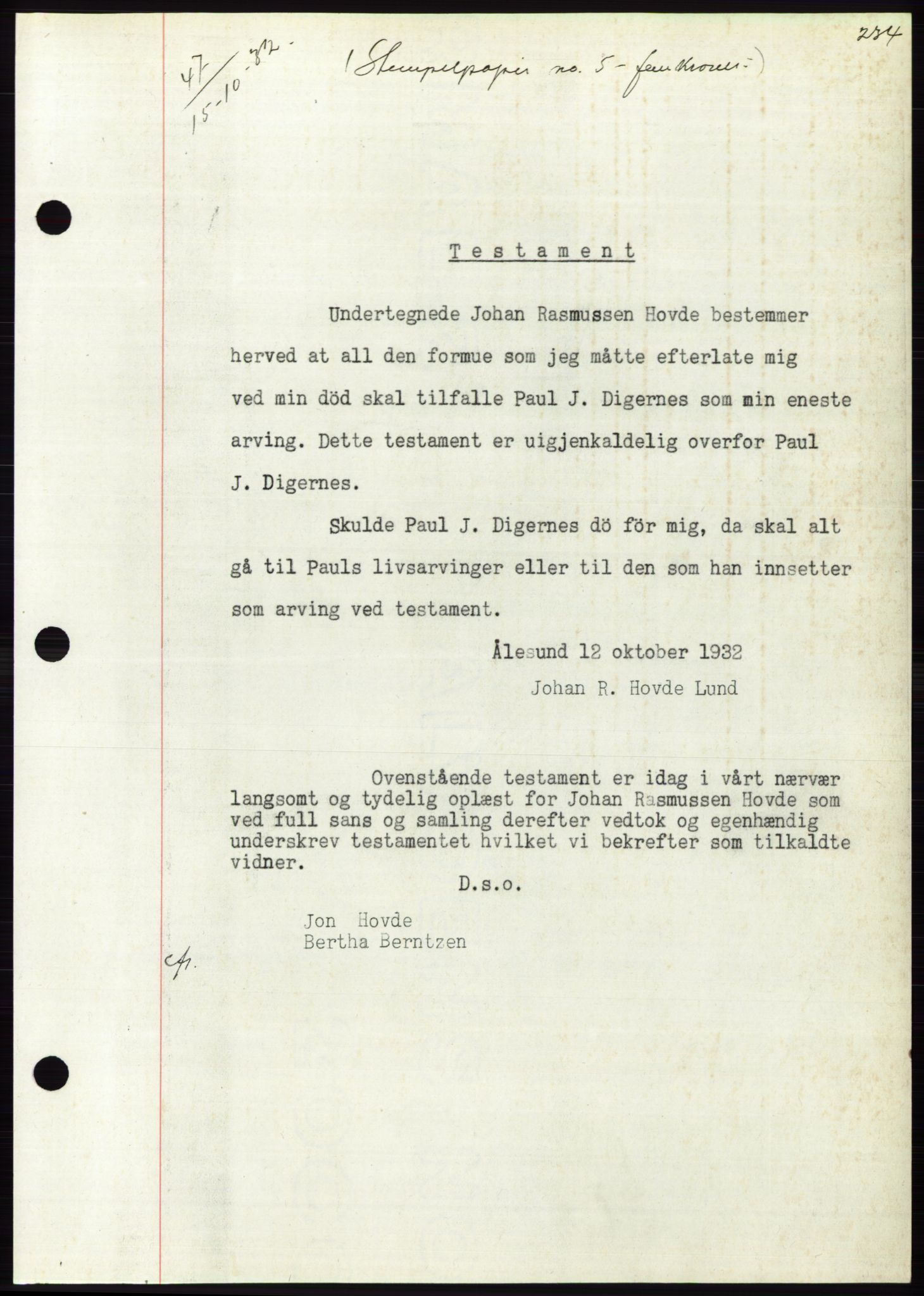 Søre Sunnmøre sorenskriveri, AV/SAT-A-4122/1/2/2C/L0054: Mortgage book no. 48, 1932-1933, Deed date: 15.10.1932