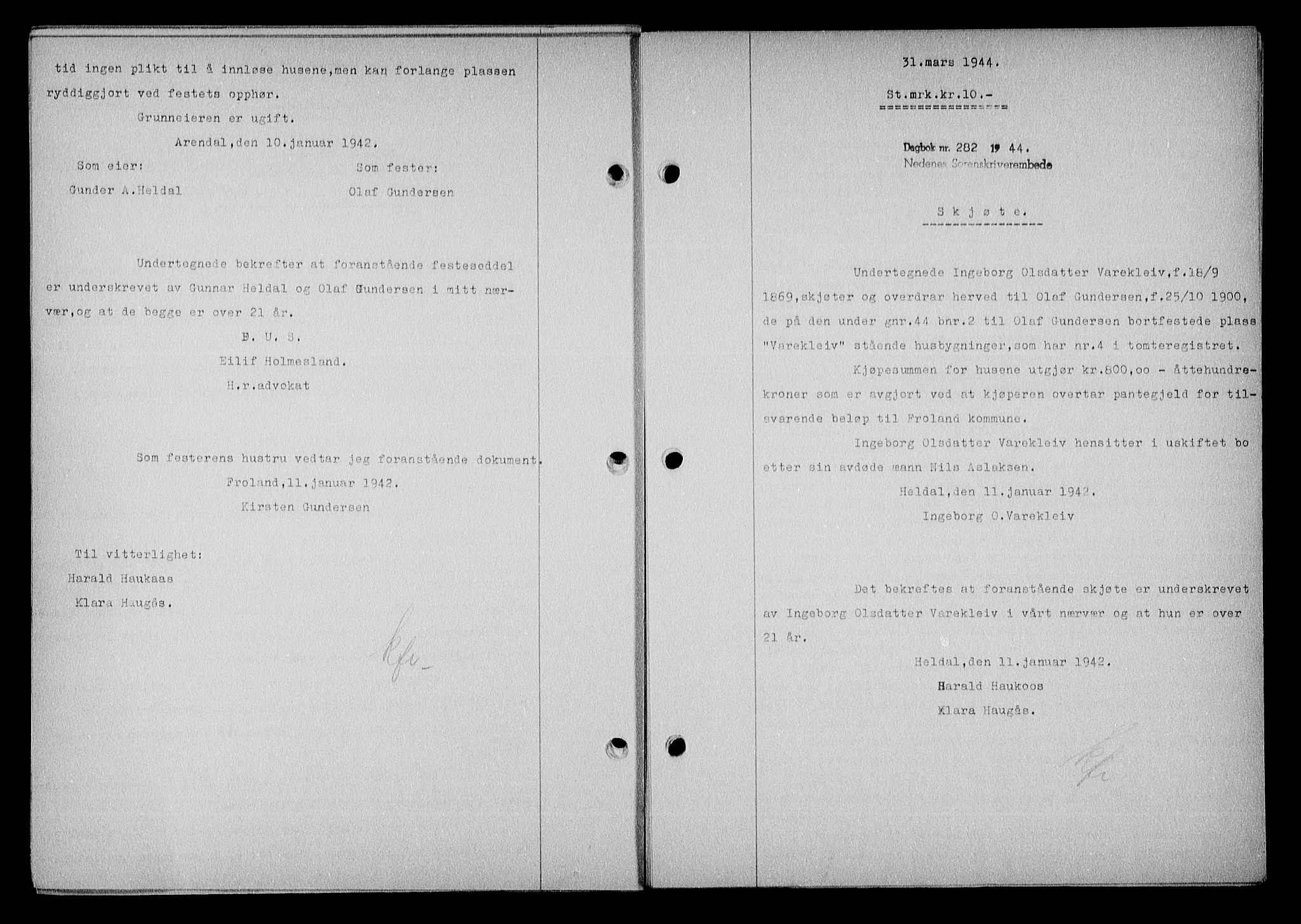 Nedenes sorenskriveri, SAK/1221-0006/G/Gb/Gba/L0051: Mortgage book no. A-V, 1943-1944, Diary no: : 282/1944