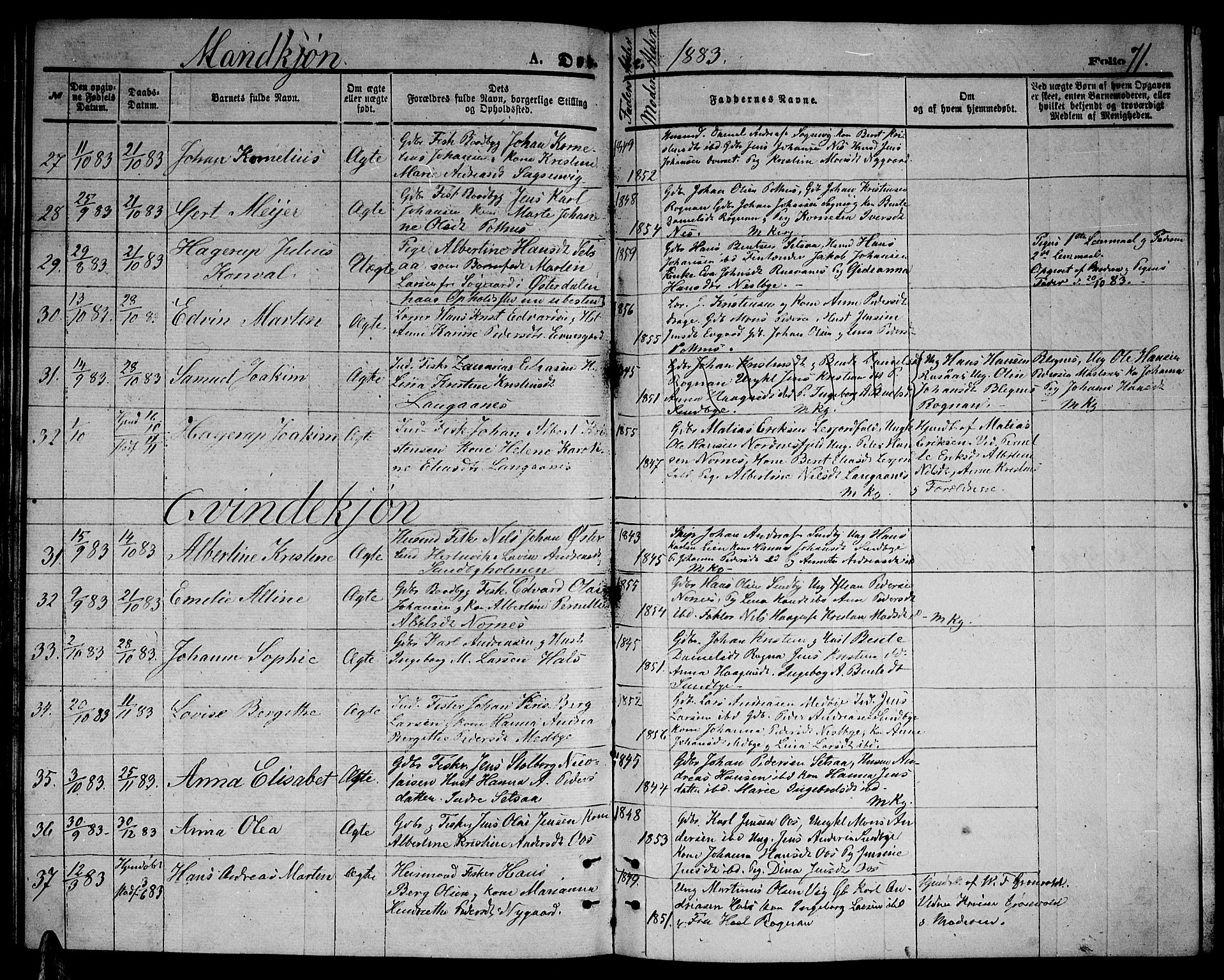 Ministerialprotokoller, klokkerbøker og fødselsregistre - Nordland, SAT/A-1459/847/L0679: Parish register (copy) no. 847C07, 1870-1888, p. 71