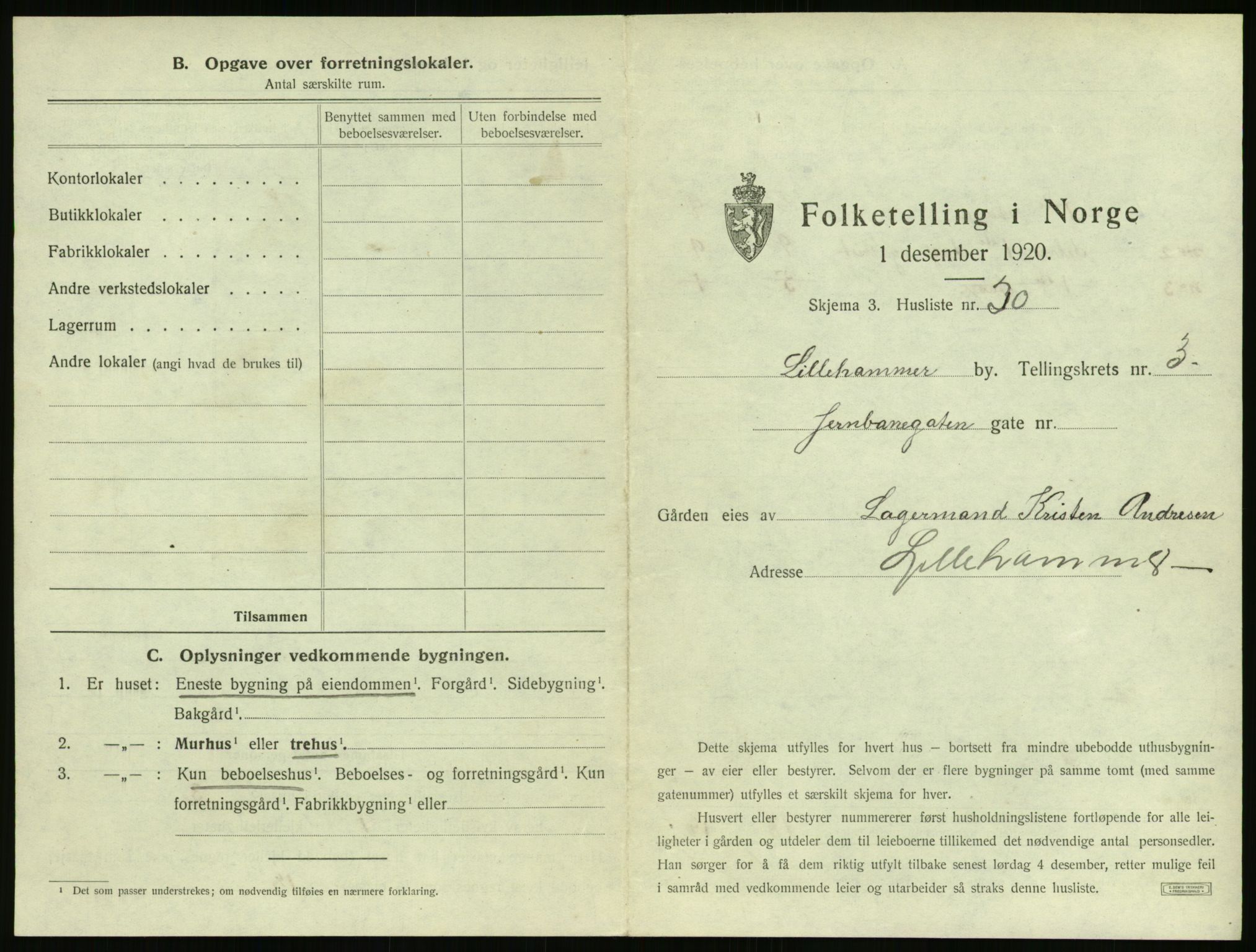 SAH, 1920 census for Lillehammer, 1920, p. 364