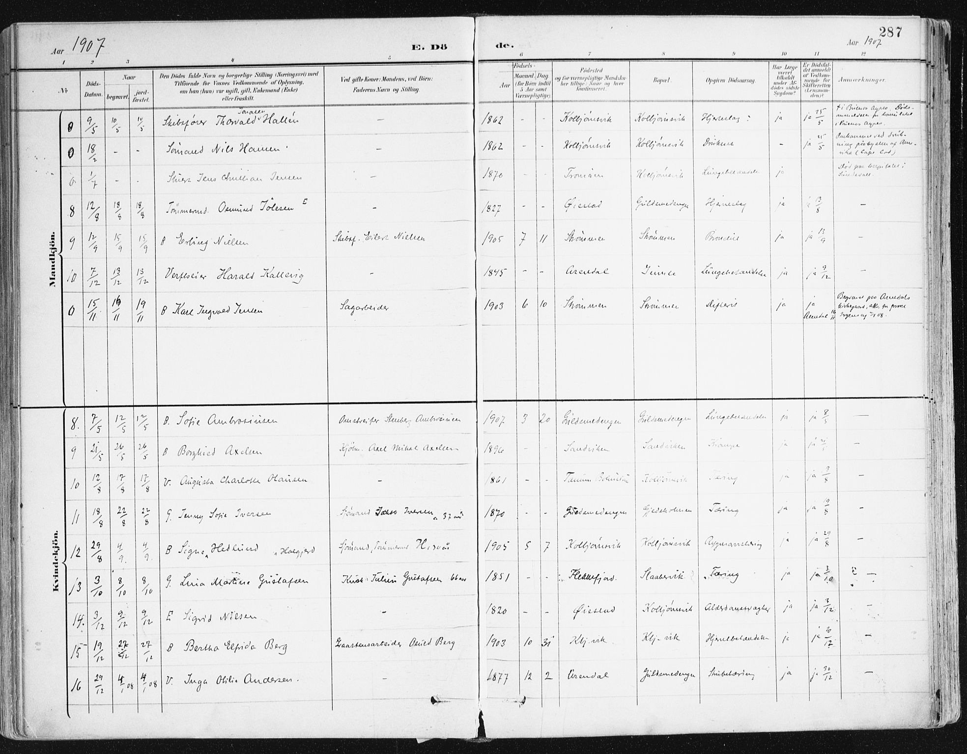 Hisøy sokneprestkontor, SAK/1111-0020/F/Fa/L0004: Parish register (official) no. A 4, 1895-1917, p. 287