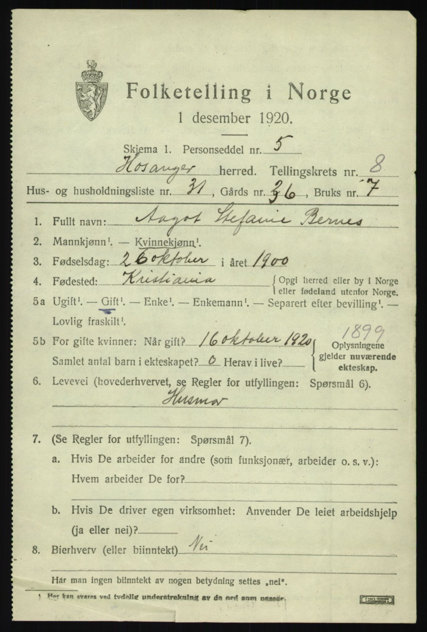 SAB, 1920 census for Hosanger, 1920, p. 3853