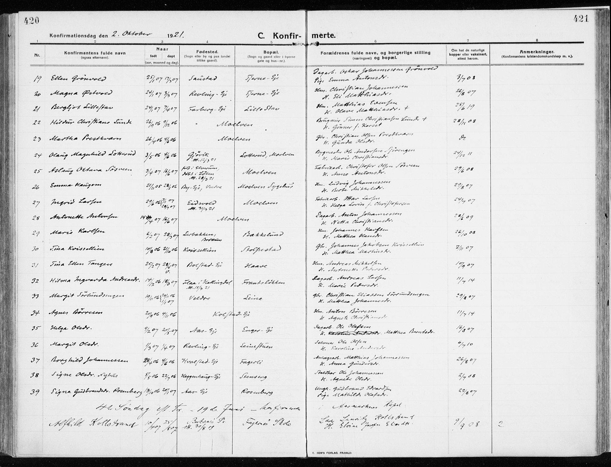 Ringsaker prestekontor, AV/SAH-PREST-014/K/Ka/L0020: Parish register (official) no. 20, 1913-1922, p. 420-421