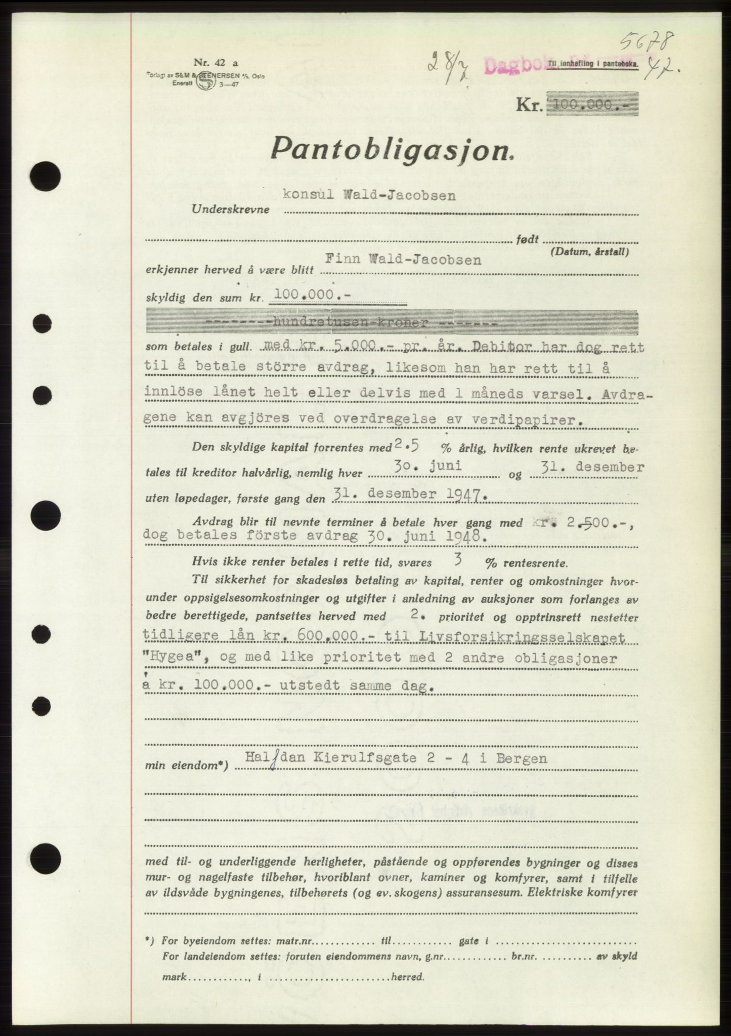 Byfogd og Byskriver i Bergen, AV/SAB-A-3401/03/03Bd/L0003: Mortgage book no. B29-39, 1947-1950, Diary no: : 5678/1947