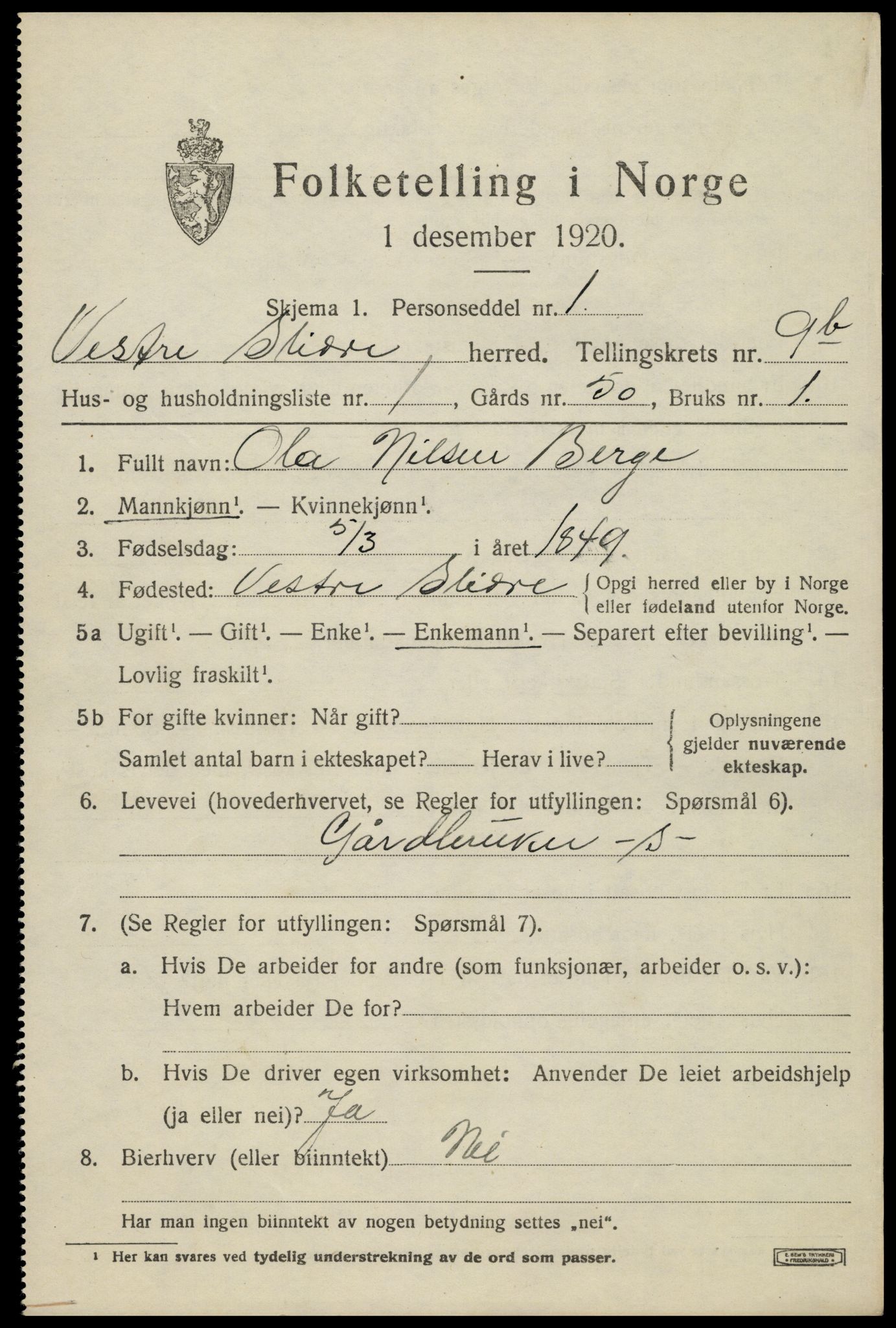 SAH, 1920 census for Vestre Slidre, 1920, p. 5612