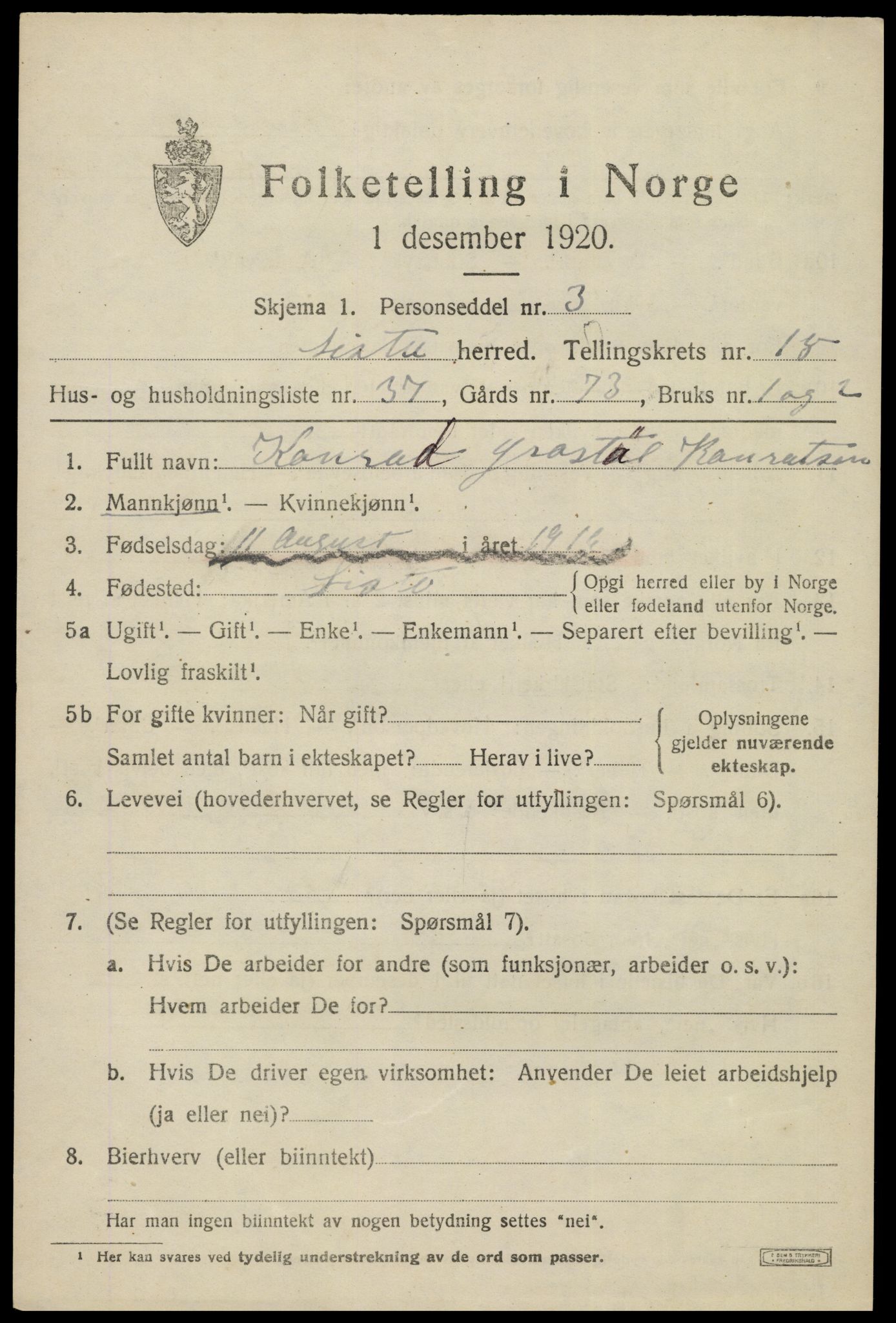 SAK, 1920 census for Lista, 1920, p. 12907