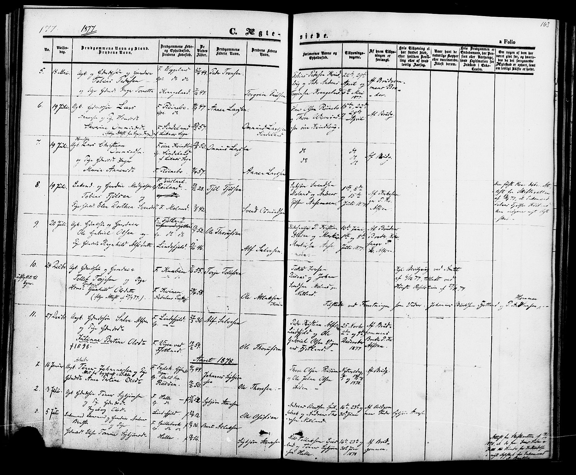 Fjotland sokneprestkontor, AV/SAK-1111-0010/F/Fa/L0001: Parish register (official) no. A 1, 1850-1879, p. 163