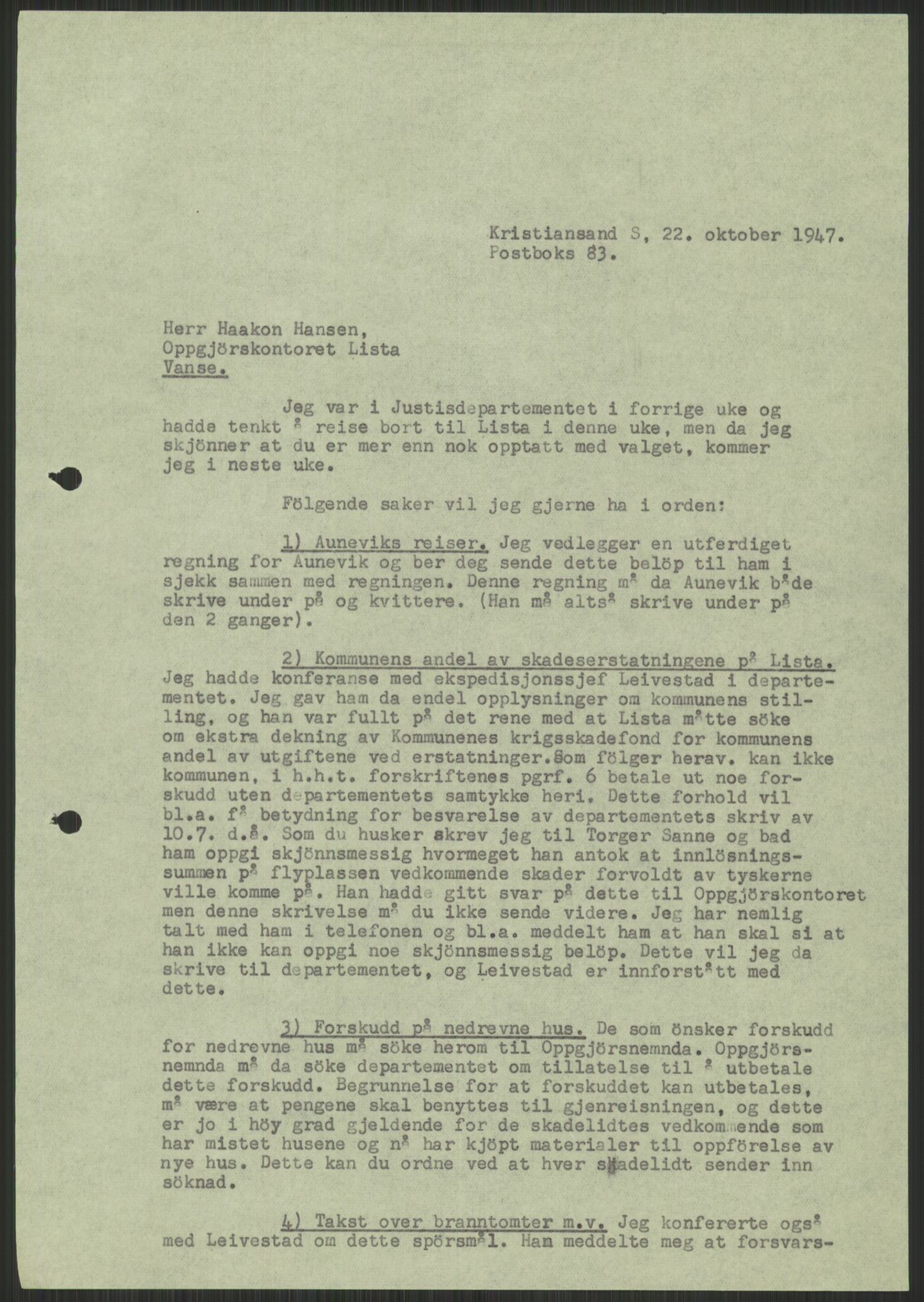 Forsvarsdepartementet, 10. kontor / Oppgjørskontoret, RA/RAFA-1225/D/Db/L0182: Lista oppgjørskontor, 1942-1950, p. 795