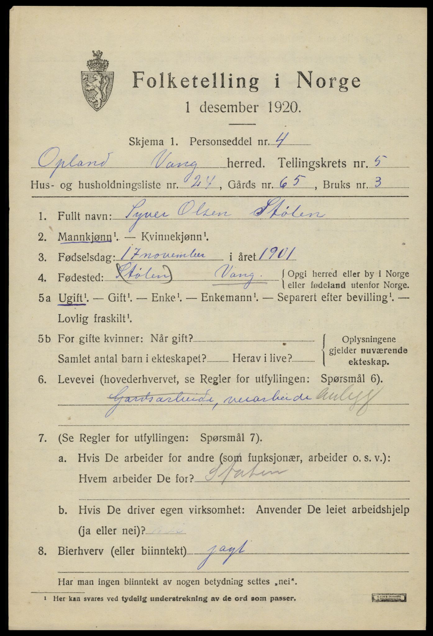 SAH, 1920 census for Vang (Oppland), 1920, p. 2619