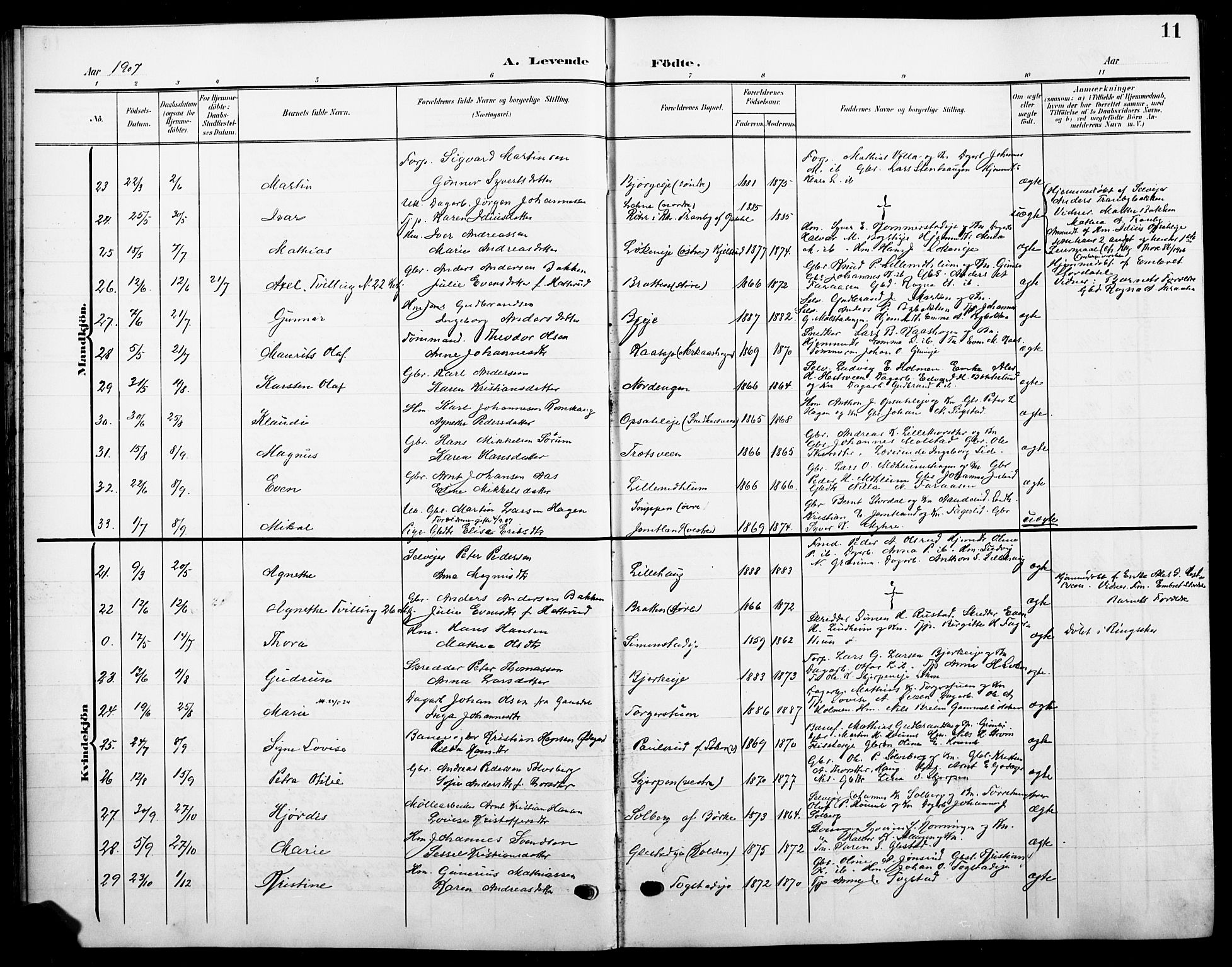 Ringsaker prestekontor, AV/SAH-PREST-014/L/La/L0017: Parish register (copy) no. 17, 1905-1920, p. 11