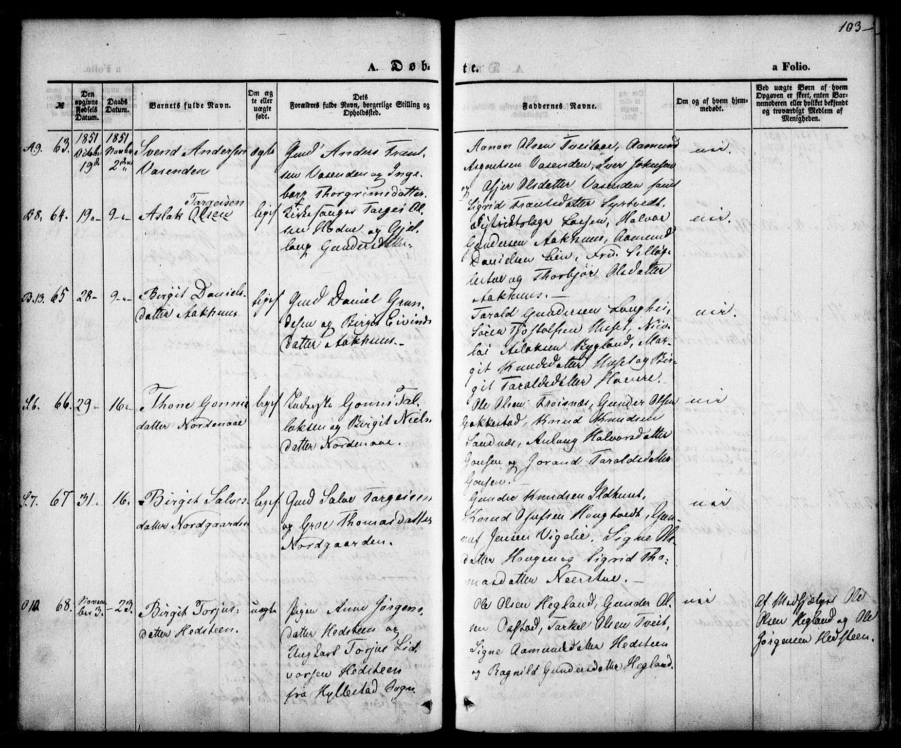 Bygland sokneprestkontor, AV/SAK-1111-0006/F/Fa/Fab/L0004: Parish register (official) no. A 4, 1842-1858, p. 103