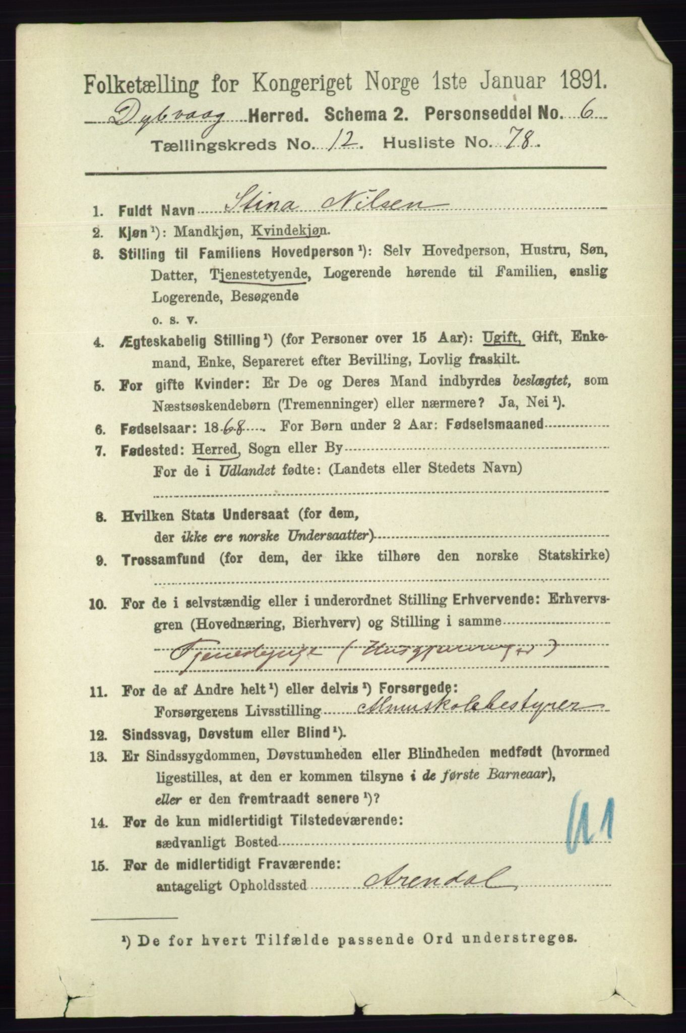 RA, 1891 census for 0915 Dypvåg, 1891, p. 5219