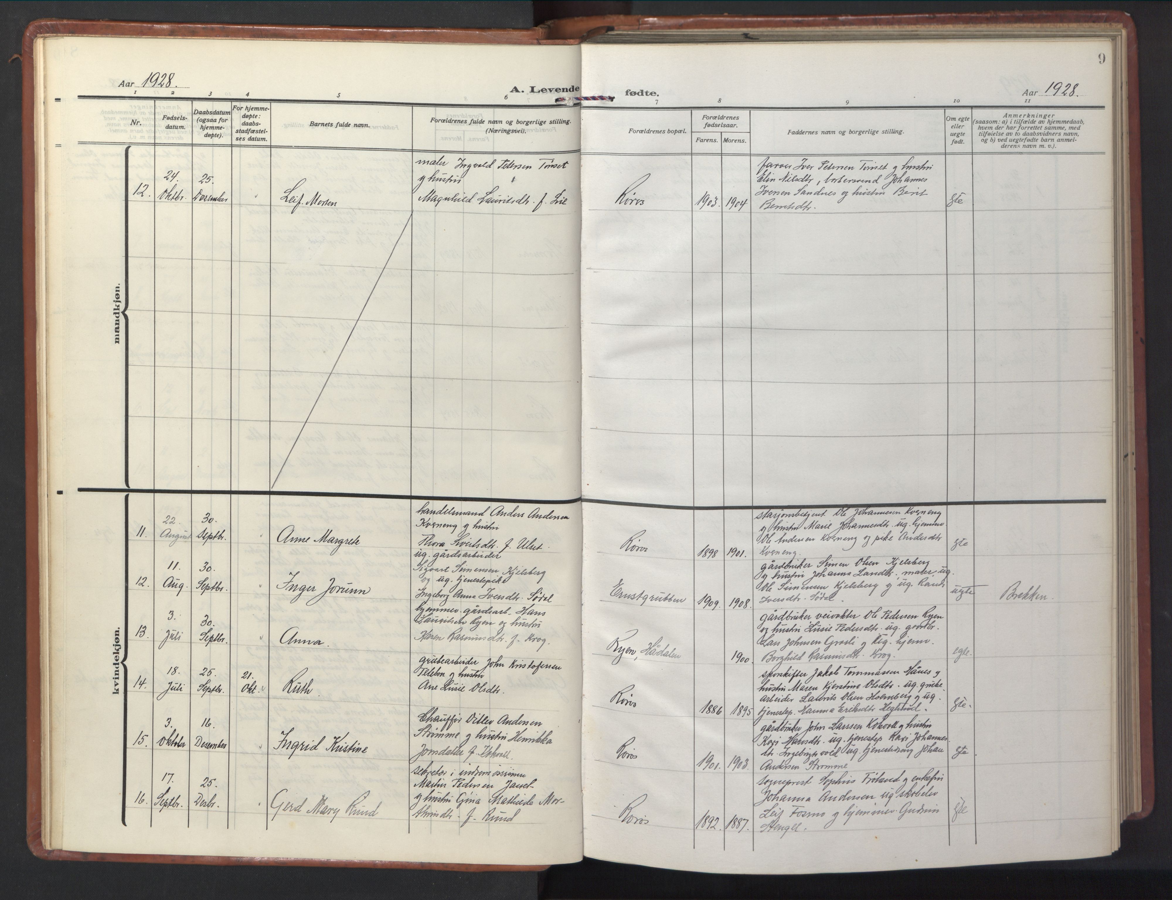 Ministerialprotokoller, klokkerbøker og fødselsregistre - Sør-Trøndelag, AV/SAT-A-1456/681/L0943: Parish register (copy) no. 681C07, 1926-1954, p. 9