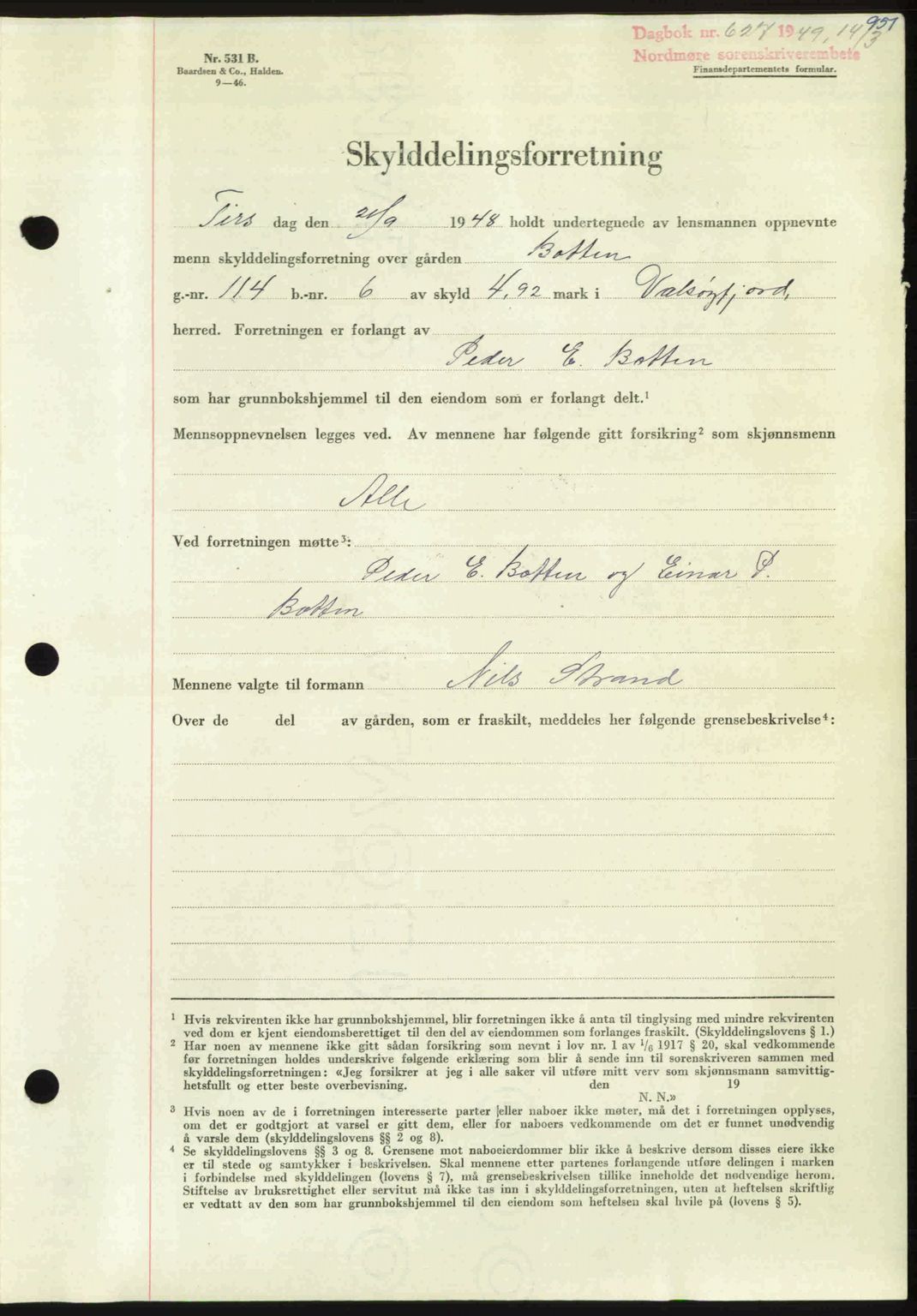 Nordmøre sorenskriveri, AV/SAT-A-4132/1/2/2Ca: Mortgage book no. A110, 1948-1949, Diary no: : 627/1949