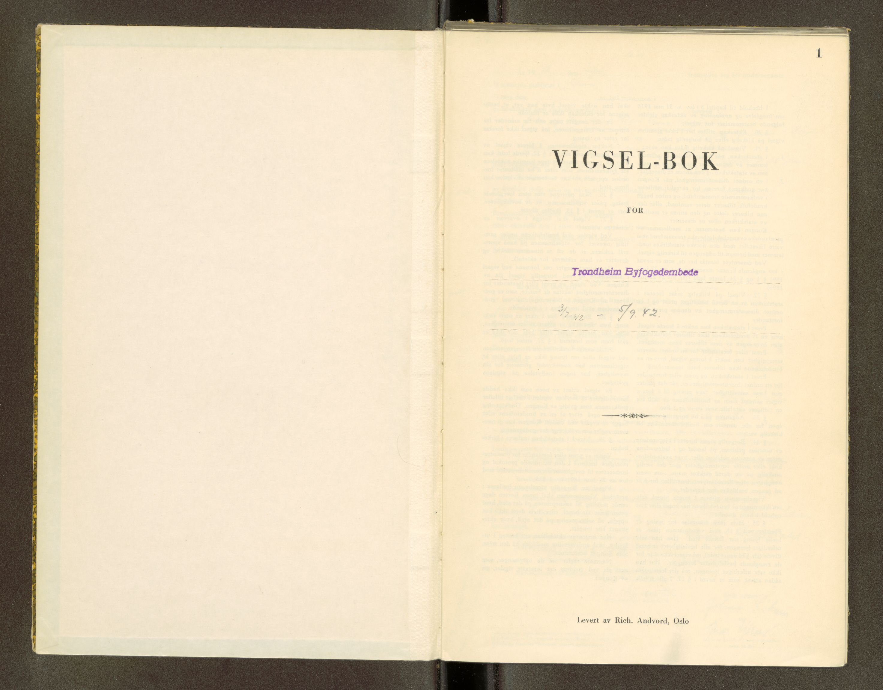 Trondheim byfogd, AV/SAT-A-0003/1/6/6D/L0002: Vigselbøker, 1937-1942, p. 1