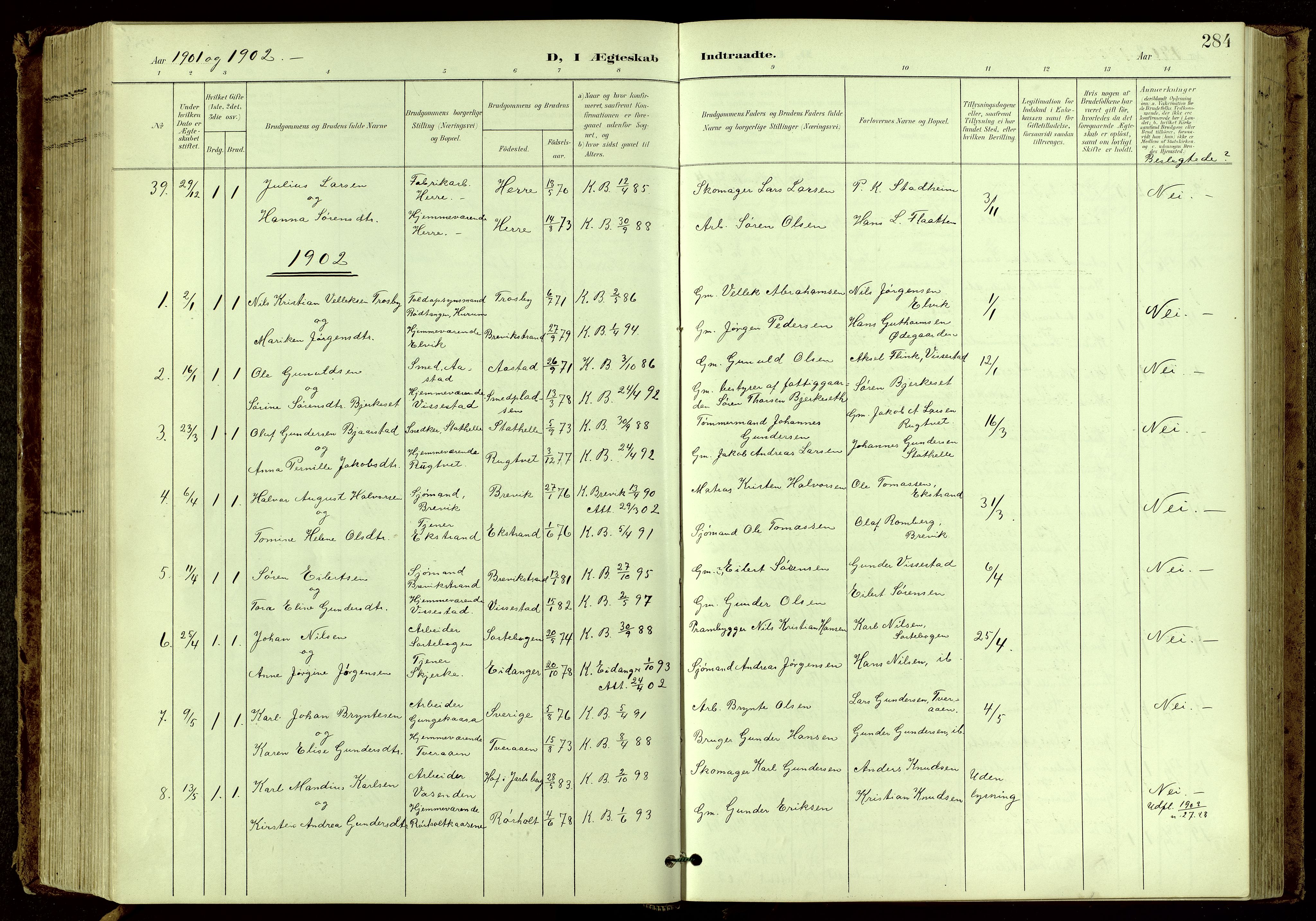 Bamble kirkebøker, SAKO/A-253/G/Ga/L0010: Parish register (copy) no. I 10, 1901-1919, p. 284