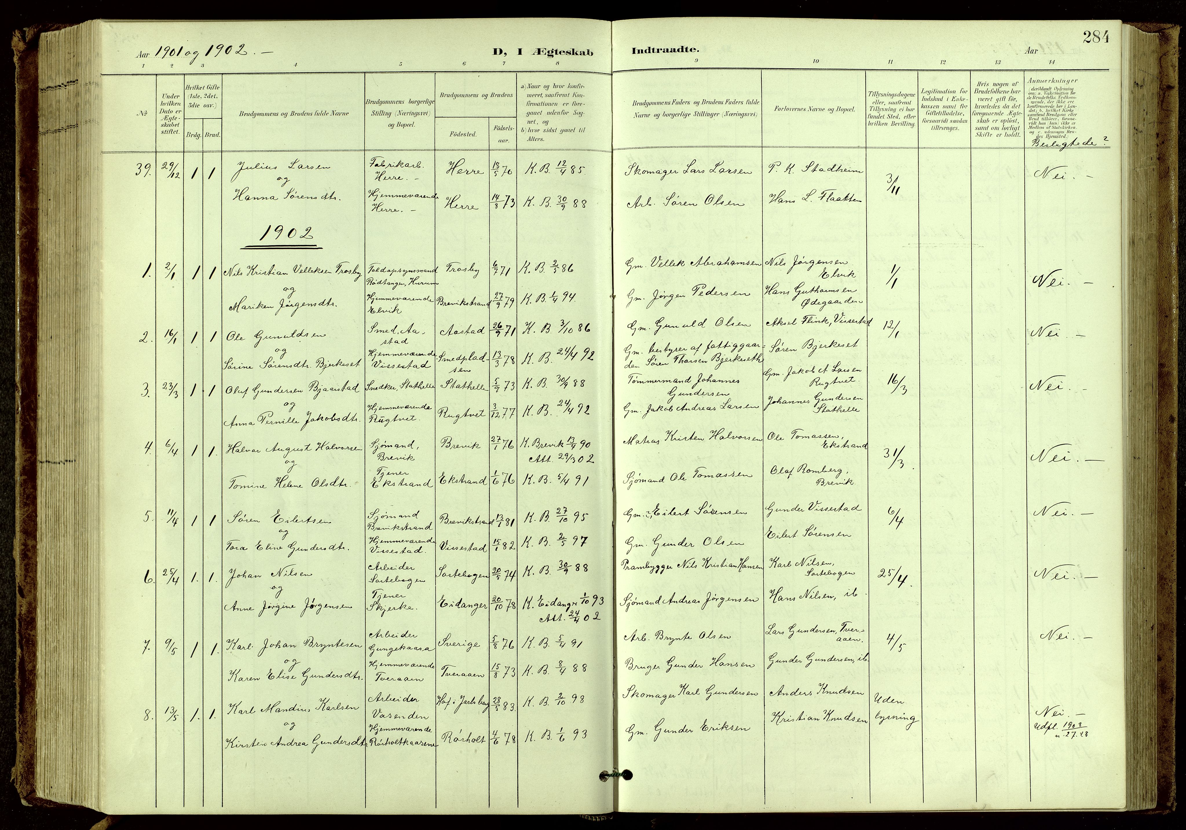 Bamble kirkebøker, AV/SAKO-A-253/G/Ga/L0010: Parish register (copy) no. I 10, 1901-1919, p. 284